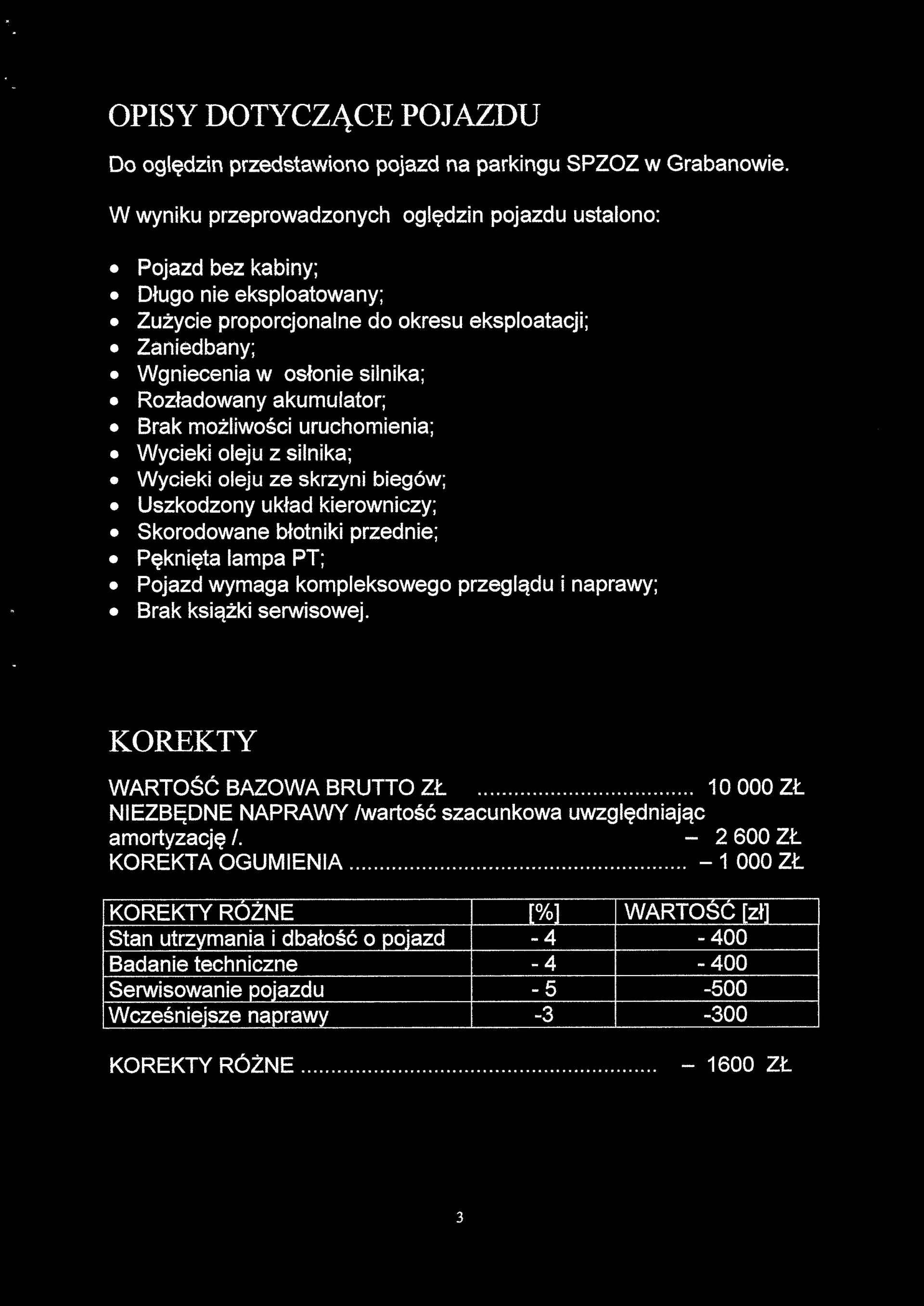 Czarno-biały dokument z białym tekstem na czarnym tle. Nagłówek: 'OPISY DOTYCZĄCE POJAZDU'. Tekst informuje, że pojazd został przedstawiony do oględzin na parkingu SPZOZ w Grabanowie. Wymieniono ustalenia z oględzin: pojazd bez kabiny, długo nie eksploatowany, zużycie proporcjonalne do okresu eksploatacji, zaniedbany, wgniecenia w osłonie silnika, rozładowany akumulator, brak możliwości uruchomienia, wycieki oleju z silnika i skrzyni biegów, uszkodzony układ kierowniczy, skorodowane błotniki przednie, pęknięta lampa PT, wymaga kompleksowego przeglądu i naprawy, brak książki serwisowej. Dalsza część: 'KOREKTY' z wartościami finansowymi: 'WARTOŚĆ BAZOWA BRUTTO ZŁ 10 000 ZŁ', 'NIEZBĘDNE NAPRAWY /wartość szacunkowa uwzględniając amortyzację / - 2 600 ZŁ', 'KOREKTA OGUMIENIA - 1 000 ZŁ'. Tabela 'KOREKTY RÓŻNE' z kolumnami [%] i [WARTOŚĆ ZŁ]: Stan utrzymania i dbałość o pojazd (-4%, -400), Badanie techniczne (-4%, -400), Serwisowanie pojazdu (-5%, -500), Wcześniejsze naprawy (-3%, -300). Na dole: 'KOREKTY RÓŻNE - 1600 ZŁ' oraz numer strony '3'.