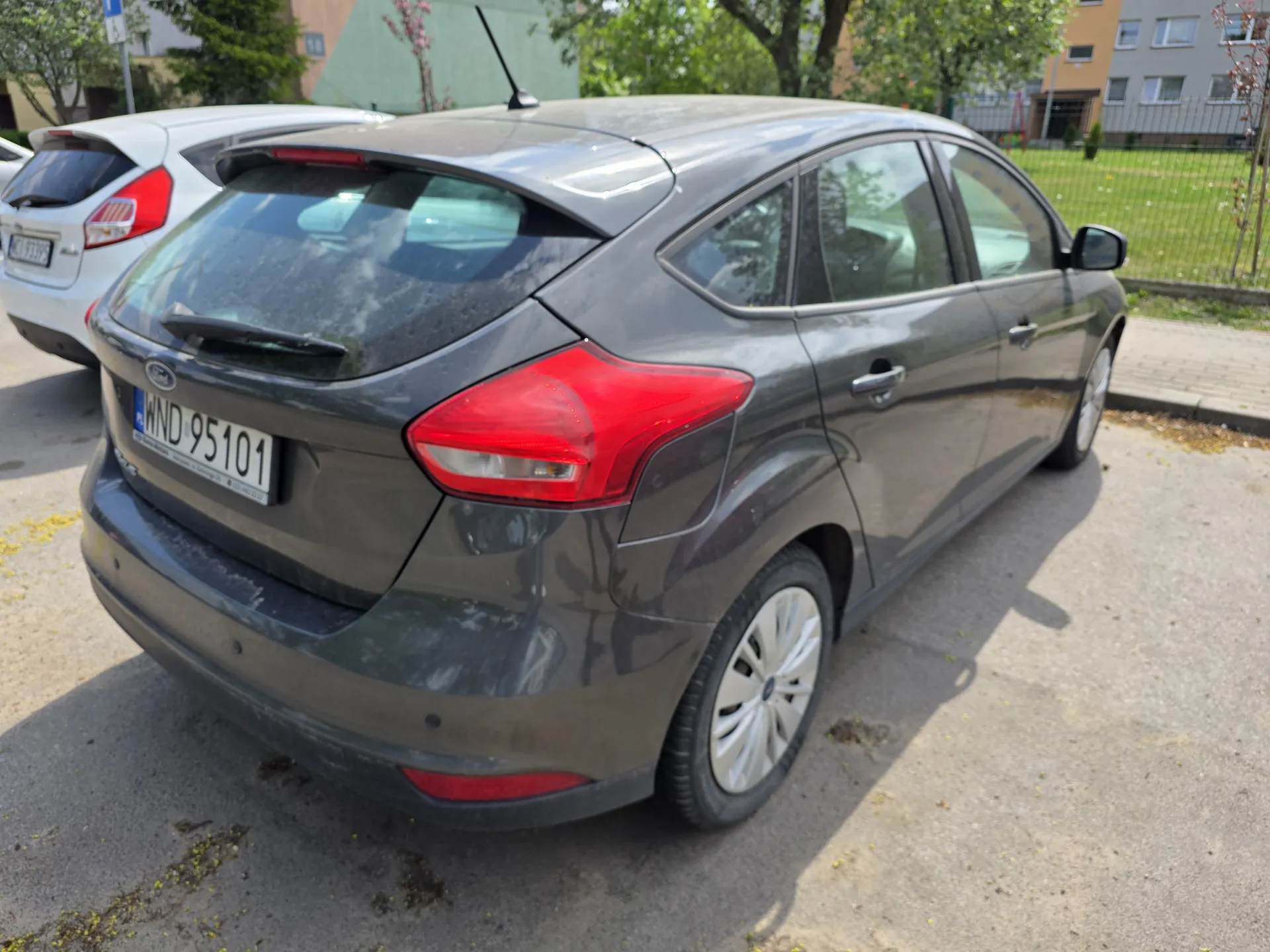 Szary samochód Ford Focus zaparkowany na asfaltowej powierzchni, widok z tyłu i lewej strony. Na tablicy rejestracyjnej widoczny napis WND 95101. Za nim stoi biały samochód. W tle budynki mieszkalne, drzewa, trawnik oraz ogrodzenie. Na ziemi rozrzucone są żółte liście lub płatki kwiatów.