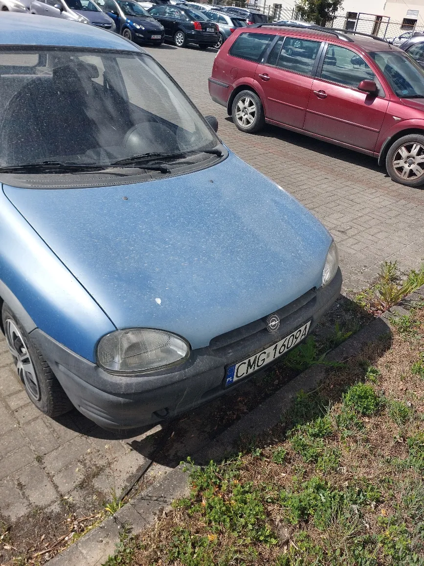 Niebieski samochód marki Opel zaparkowany na brukowanej powierzchni. Widoczna tablica rejestracyjna z napisem CMG 16094. W tle czerwony samochód kombi oraz inne zaparkowane pojazdy. Na pierwszym planie trawa i chwasty przy krawężniku.