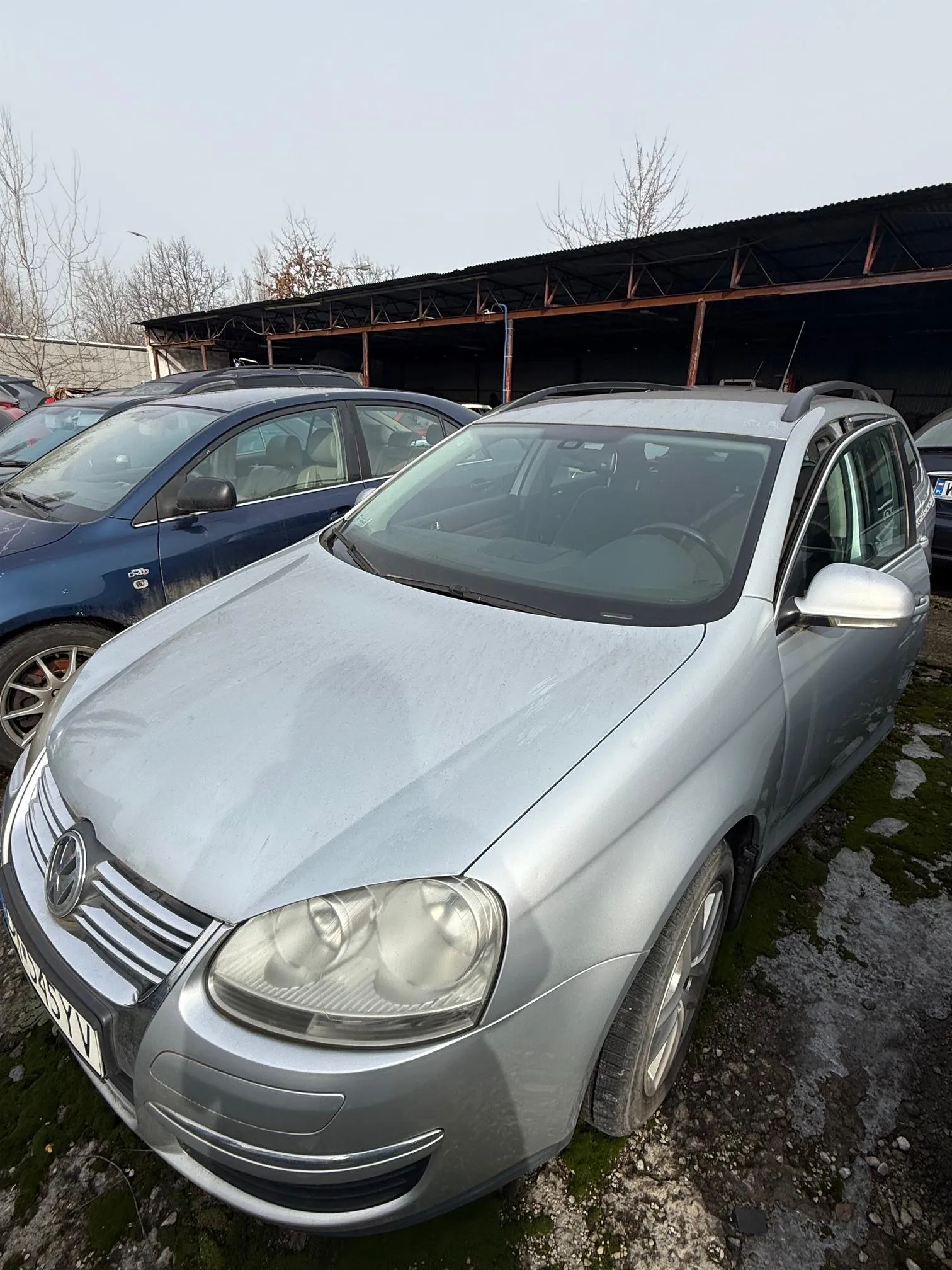 Srebrny samochód osobowy typu kombi marki Volkswagen na pierwszym planie, z widoczną tablicą rejestracyjną WU45YV. Za nim stoi niebieski samochód osobowy. Tło stanowi metalowa konstrukcja dachu garażu lub hali oraz suche drzewa. Podłoga pokryta jest mchem i żwirem. Niebo jest pochmurne.