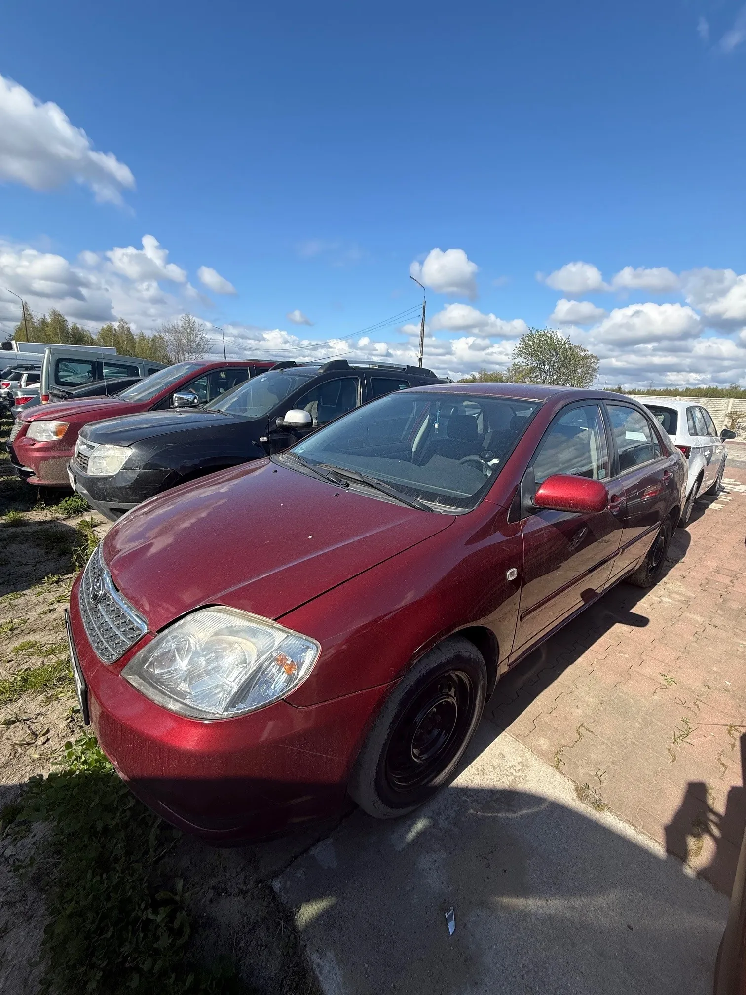 Parking z kilkoma samochodami: na pierwszym planie czerwony sedan, za nim czarny SUV, czerwony samochód i inne pojazdy. Tło stanowi niebo z białymi chmurami, drzewa oraz fragment ogrodzenia. Podłoga składa się z ceglanej nawierzchni i obszarów ziemnych z trawą. Brak czytelnego tekstu.