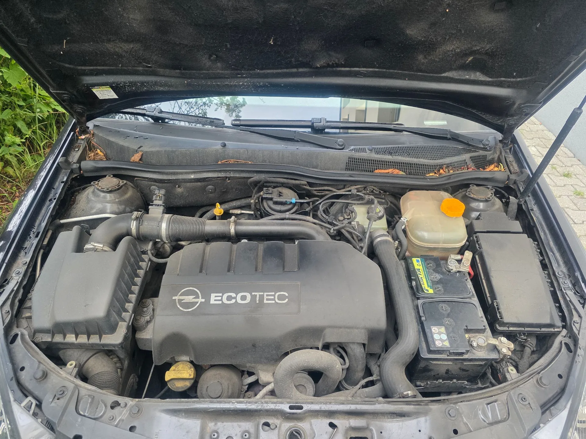 Widok z góry na otwartą maskę samochodu, ukazującą komorę silnika. W centrum znajduje się czarna osłona silnika z białym logo marki Opel oraz napisem „ECOTEC”. Po prawej stronie widoczny jest akumulator oraz zbiornik z płynem spryskiwaczy z żółtym korkiem. Po lewej stronie znajduje się obudowa filtra powietrza. Elementy silnika są zakurzone.