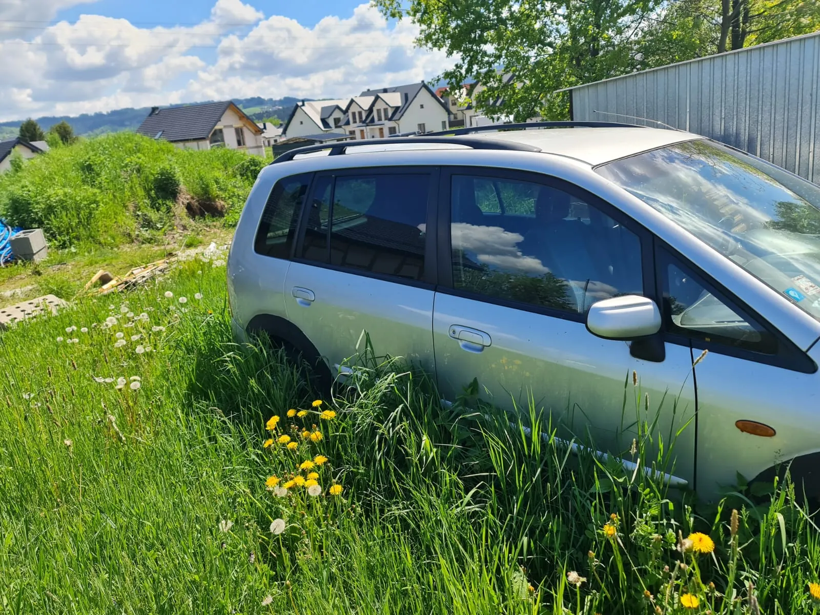 Srebrny samochód typu minivan zaparkowany na wysokiej trawie z żółtymi kwiatami (mniszkiem lekarskim) i białymi dmuchawcami. W tle widoczne są domy z dachami, metalowy płot, drzewa oraz niebo z białymi chmurami. Samochód ma czarne listwy dachowe i lusterka boczne. Trawa otaczająca pojazd jest gęsta i sięga do połowy kół.