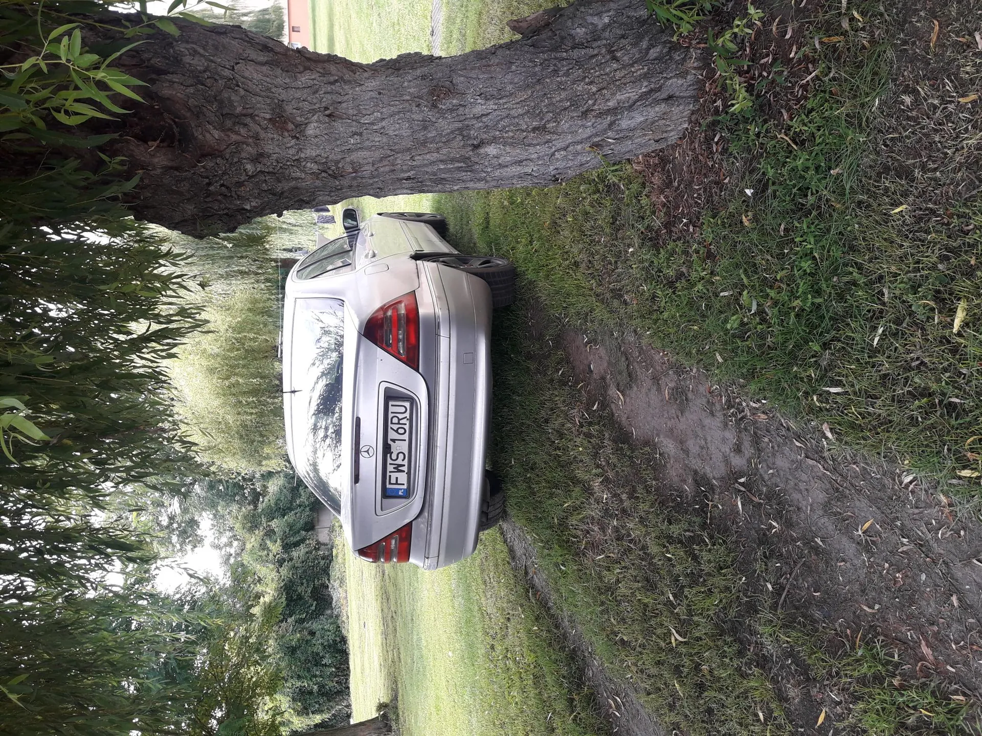 Srebrny samochód marki Mercedes-Benz zaparkowany na trawie pod drzewem. Widoczny tył pojazdu z tablicą rejestracyjną FWS 16RU oraz oznaczeniem PL. Wokół trawa, ścieżka ziemna, drzewa i zieleń. W tle budynki oraz inne drzewa. Samochód stoi pod rozłożystym drzewem z zielonymi liśćmi.