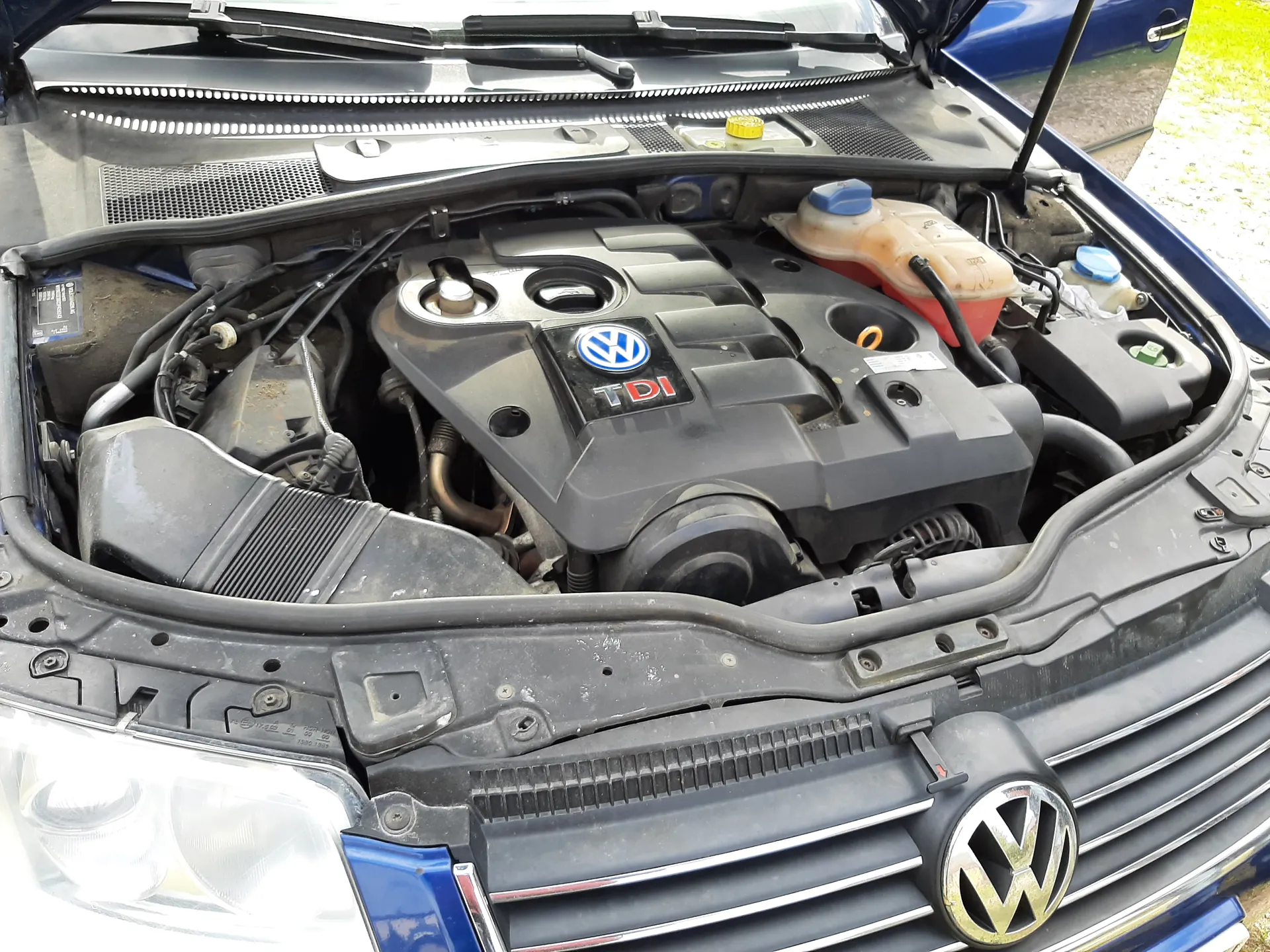 Otwarty kapota samochodu marki Volkswagen z widocznym silnikiem TDI. Na pokrywie silnika znajduje się logo VW oraz napis TDI. Wokół widoczne są elementy układu chłodzenia, w tym zbiornik z niebieskim korkiem i zbiornik z żółtym korkiem. Przednia część pojazdu z reflektorem i logo VW na atrapie chłodnicy. Tło przedstawia fragment trawnika i innego pojazdu.