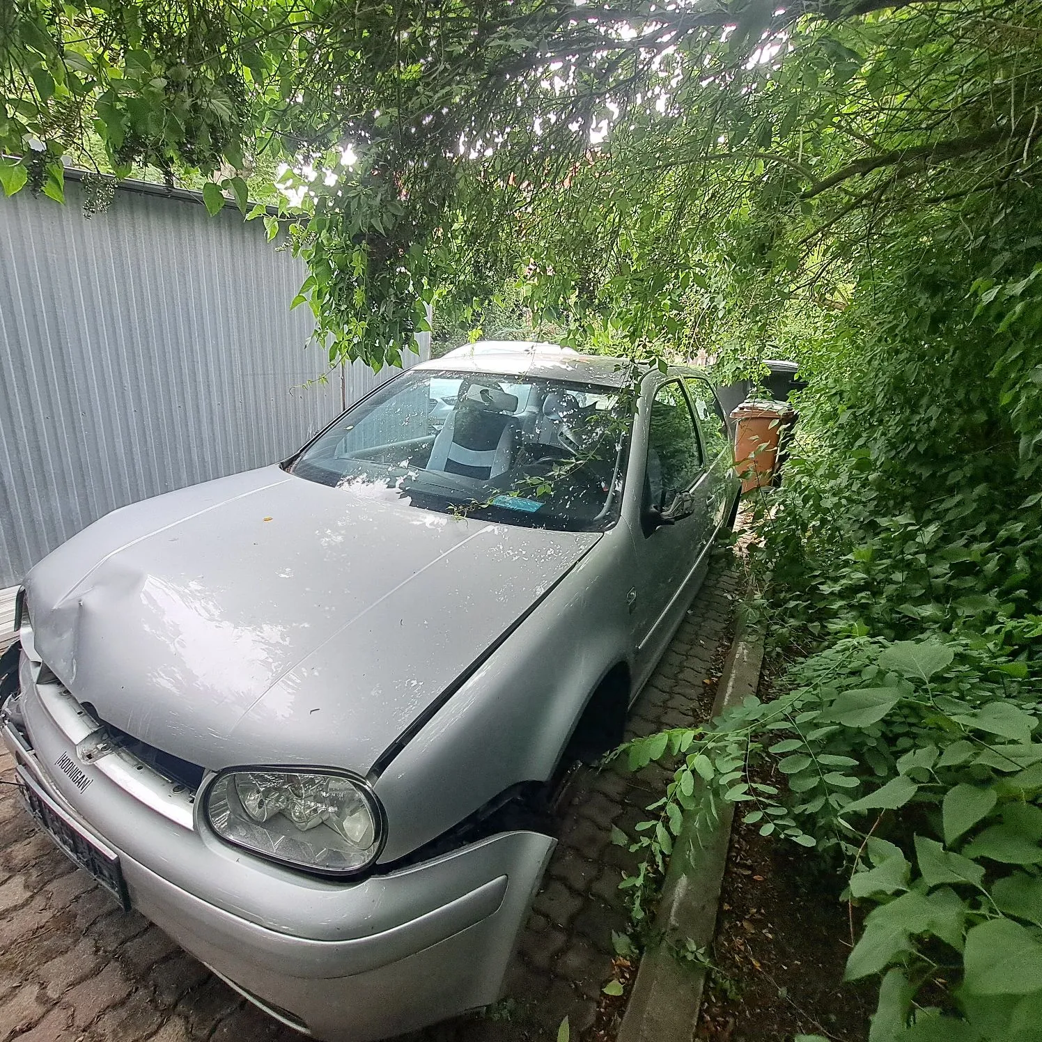 Srebrny samochód osobowy marki Renault, zaparkowany w wąskim przejściu między szarym, falistym płotem a gęstymi zielonymi krzewami i drzewami. Pojazd jest uszkodzony: maska jest wgnieciona z lewej strony, a przedni zderzak jest poluzowany i częściowo oddzielony od nadwozia. Na przednim grillu widoczny jest napis RENAULT.