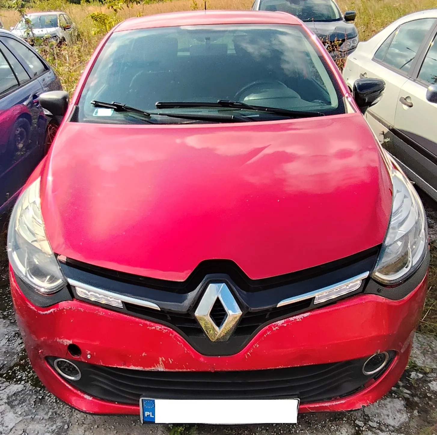 Widok z przodu na czerwony samochód marki Renault zaparkowany na nieutwardzonym terenie. Pojazd ma widoczne uszkodzenia w postaci zarysowań i wgnieceń na przednim zderzaku. Po lewej stronie znajduje się granatowy samochód, a po prawej srebrny. W tle widoczny jest kolejny pojazd oraz roślinność.