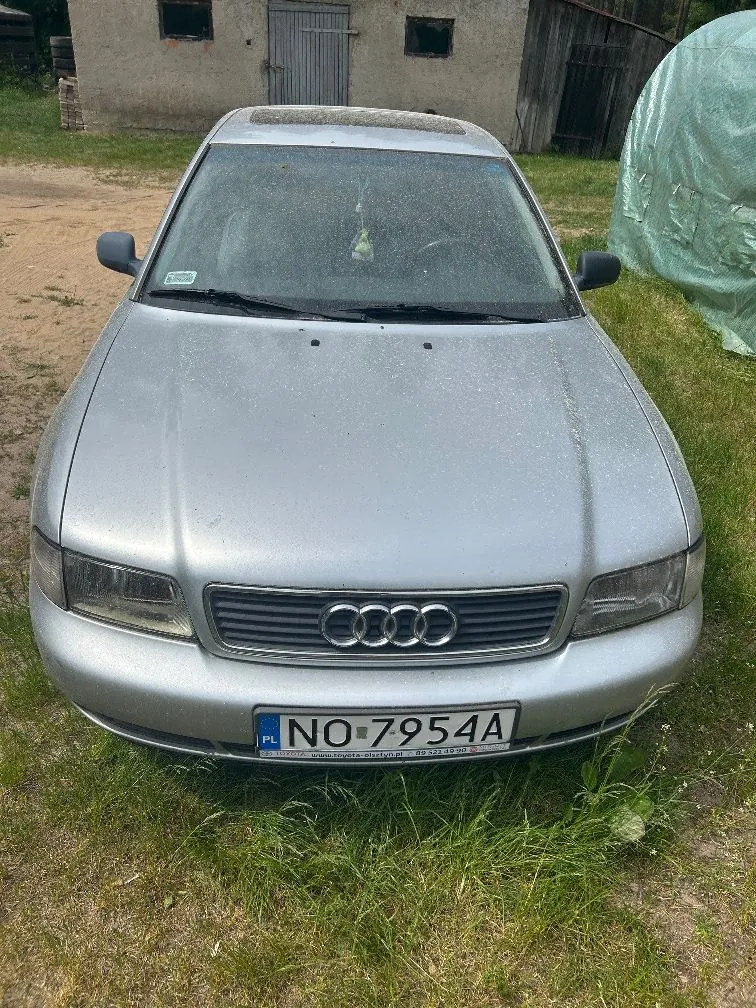 Srebrny samochód marki Audi zaparkowany na trawie przed starym, szarym budynkiem. Widoczny jest przód pojazdu z logo czterech pierścieni na grillu oraz polska tablica rejestracyjna o numerze NO 7954A.