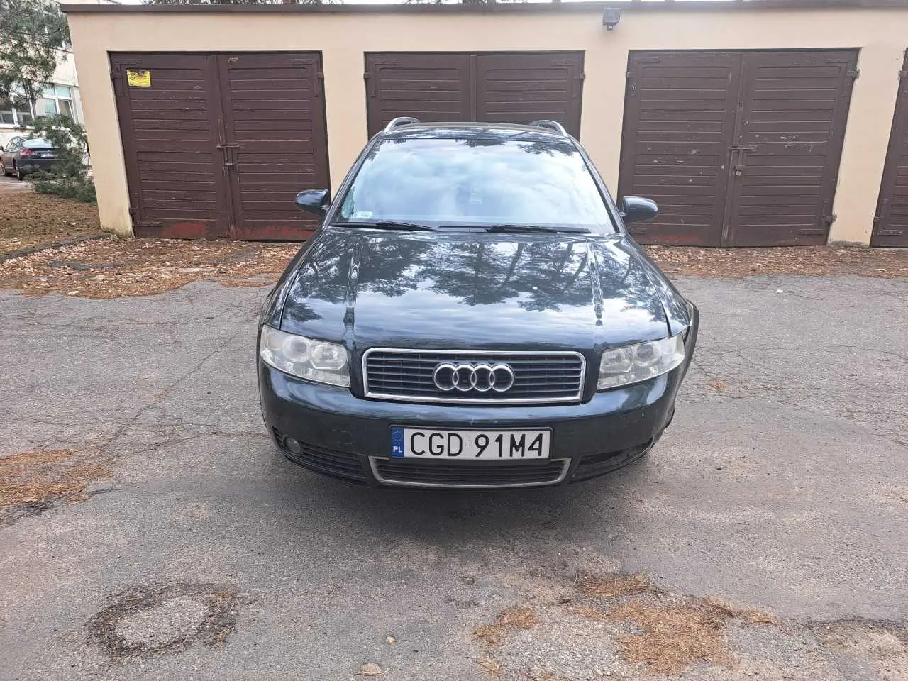 Ciemny samochód marki Audi z przodu, z tablicą rejestracyjną CGD 91M4 (PL po lewej stronie). Samochód stoi na asfaltowej powierzchni przed beżowym budynkiem z trzema brązowymi drzwiami garażowymi. Na ziemi widoczne są suche liście. W tle po lewej stronie częściowo widoczny inny samochód oraz drzewa. Niebo częściowo zachmurzone.