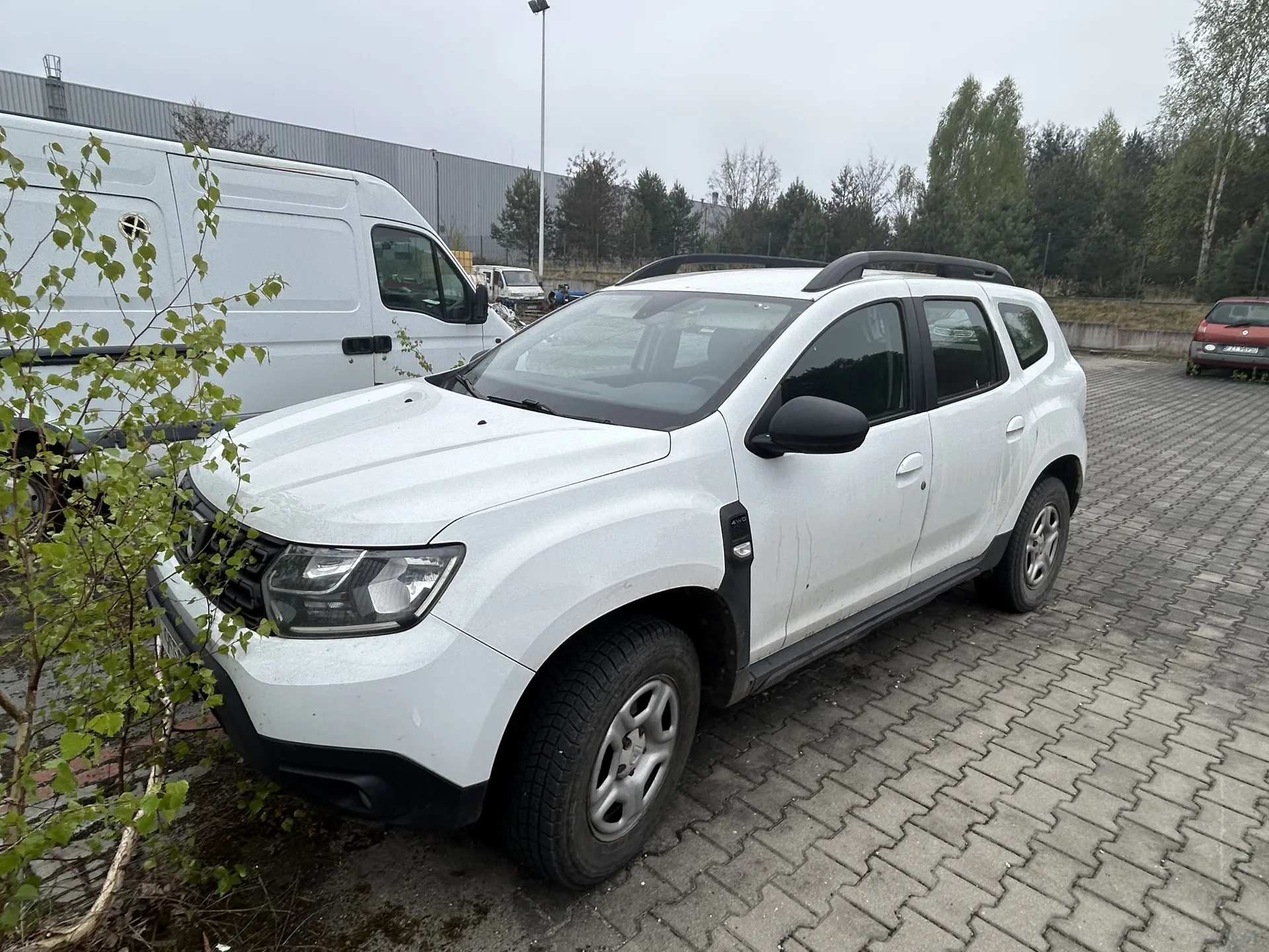 Biały samochód typu SUV zaparkowany na brukowanej powierzchni. W tle biały furgon, przemysłowy budynek, drzewa i szare niebo. Po lewej stronie widoczny mały krzew z zielonymi liśćmi. W oddali czerwony samochód. Całość na otwartym parkingu.
