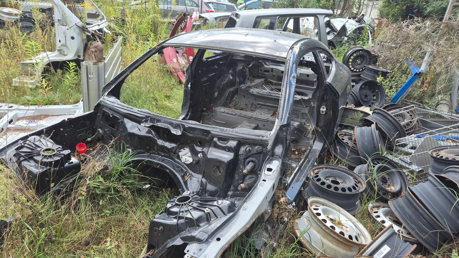 Zdjęcie przedstawiające składowisko części samochodowych na trawiastym terenie. W centrum znajduje się czarny, zdemontowany szkielet nadwozia samochodu osobowego bez silnika, kół i szyb. Wokół rozrzucone są inne elementy: sterta stalowych felg samochodowych po prawej stronie, białe fragmenty karoserii po lewej oraz wrak innego jasnego samochodu w tle.