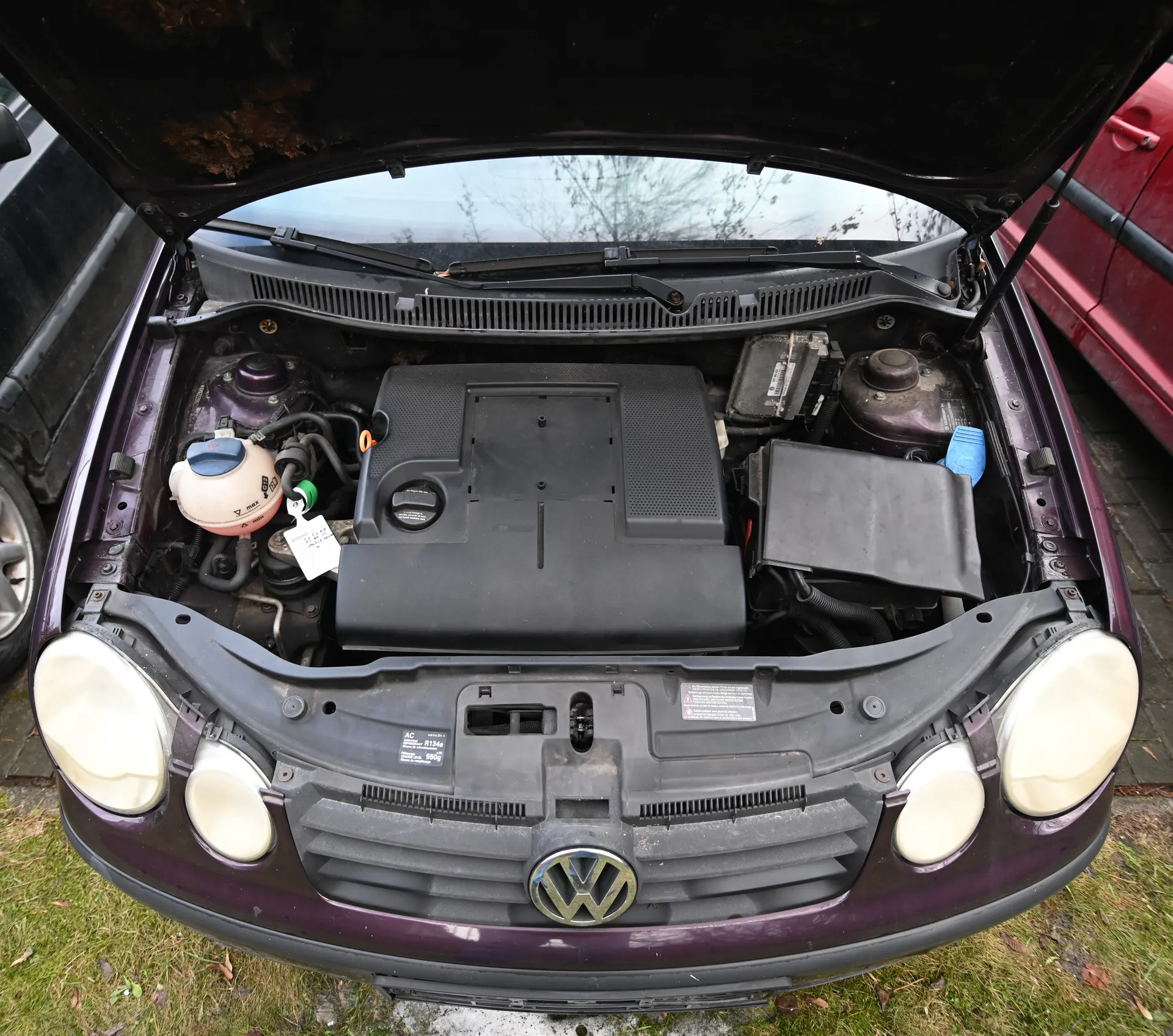 Samochód marki Volkswagen z otwartą maską, ukazujący komorę silnika. Widoczne są elementy takie jak zbiornik chłodniczy z niebieskim korkiem, czarna pokrywa silnika, reflektory oraz otoczenie z trawą i innymi pojazdami po bokach.