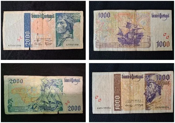 Kolaż czterech zdjęć przedstawiających dwa różne banknoty z Portugalii (Banco de Portugal) z obu stron. Na górnym banknocie o nominale 1000 i 2000 widnieje portret mężczyzny oraz statek żaglowy. Na dolnym banknocie o nominale 2000 widoczny jest statek żaglowy oraz portret mężczyzny z brodą w nakryciu głowy. Banknoty są w stanie zużytym, z widocznymi zagięciami.