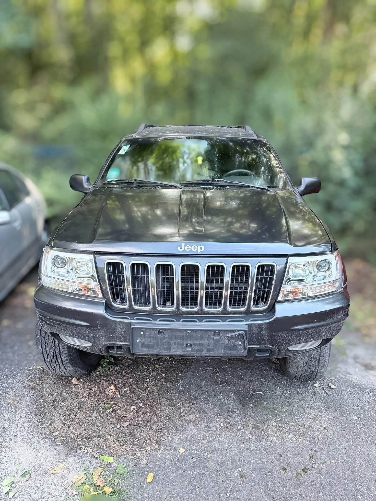 Widok z przodu na czarny samochód marki Jeep zaparkowany na szutrowej drodze w otoczeniu zieleni. Na masce widnieje napis 'Jeep'. Pojazd posiada charakterystyczną atrapę chłodnicy z siedmioma pionowymi szczelinami oraz duże reflektory po obu stronach.
