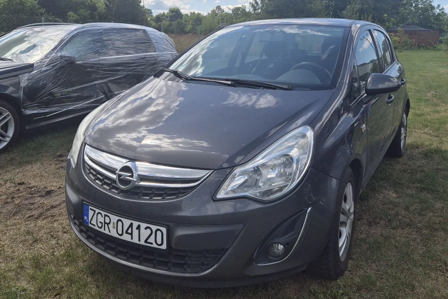 Szary samochód marki Opel zaparkowany na trawiastym terenie. Widoczny jest przód pojazdu z tablicą rejestracyjną o numerze ZGR 04120. Po lewej stronie znajduje się inny samochód, który jest w większości przykryty przez szarą folię ochronną.