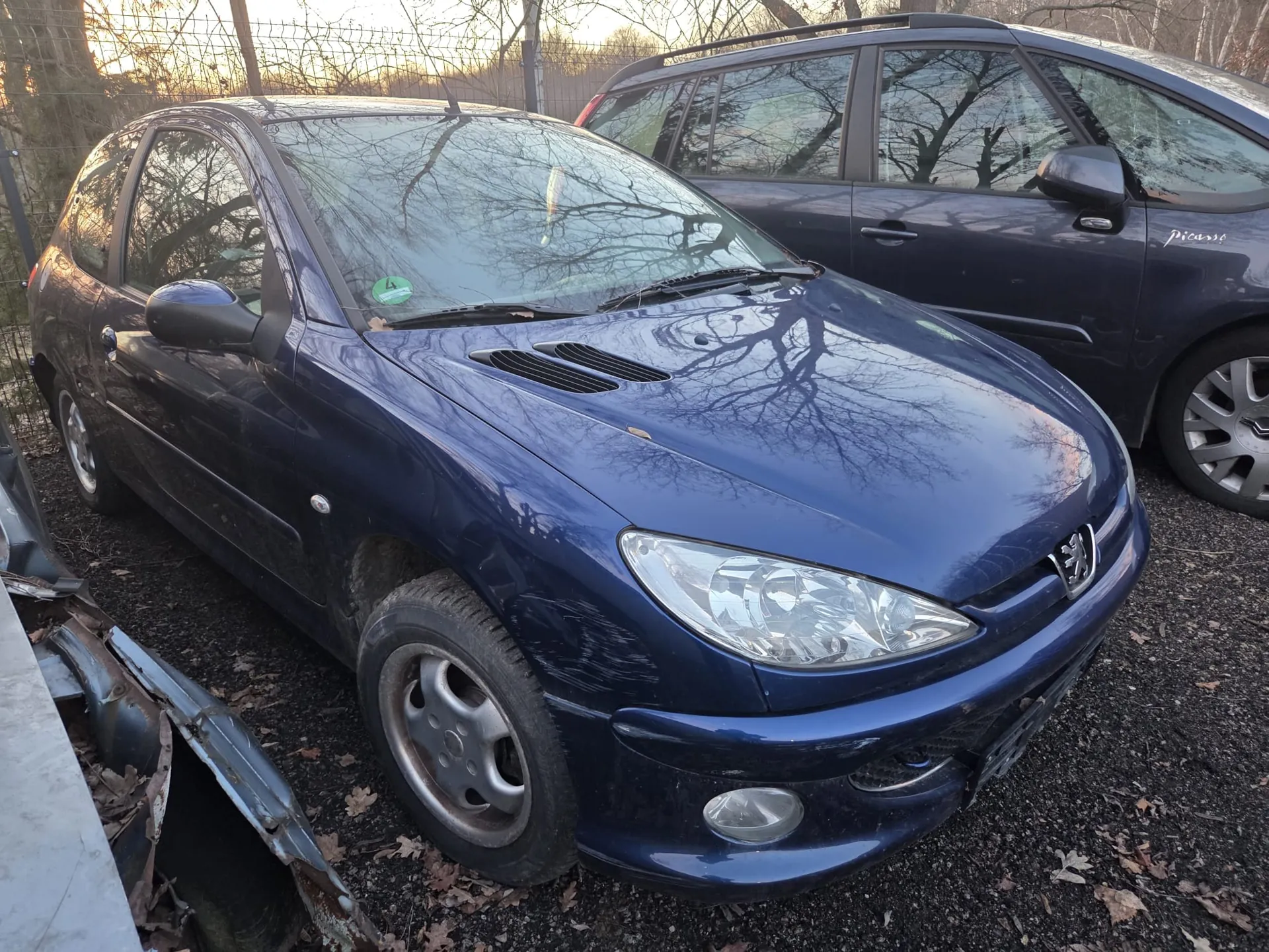 Ciemnoniebieski samochód marki Peugeot z przodu, z widocznym logo na masce i zielonym naklejką na przedniej szybie. Po prawej stronie widoczny jest inny ciemny samochód z napisem 'Picasso' na boku. Na ziemi leżą suche liście, a w tle znajduje się siatka ogrodzeniowa i drzewa bez liści. Po lewej stronie obrazu widoczny jest uszkodzony element karoserii. Oświetlenie wskazuje na zachód lub wschód słońca.