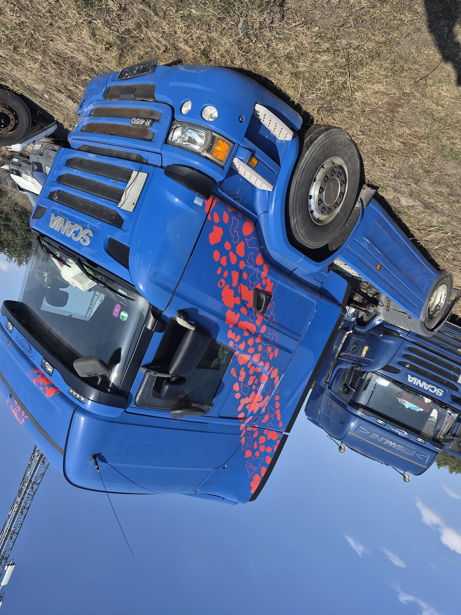 Dwa niebieskie ciężarówki marki Scania zaparkowane na suchym trawie, leżące na boku. Na pierwszej ciężarówce widoczny napis 'SCANIA' oraz 'R450' na masce, a także czerwone wzory na boku. Druga ciężarówka z napisem 'STREAMLINE' i 'SCANIA'. Tło z jasnym niebem i innymi pojazdami w oddali.