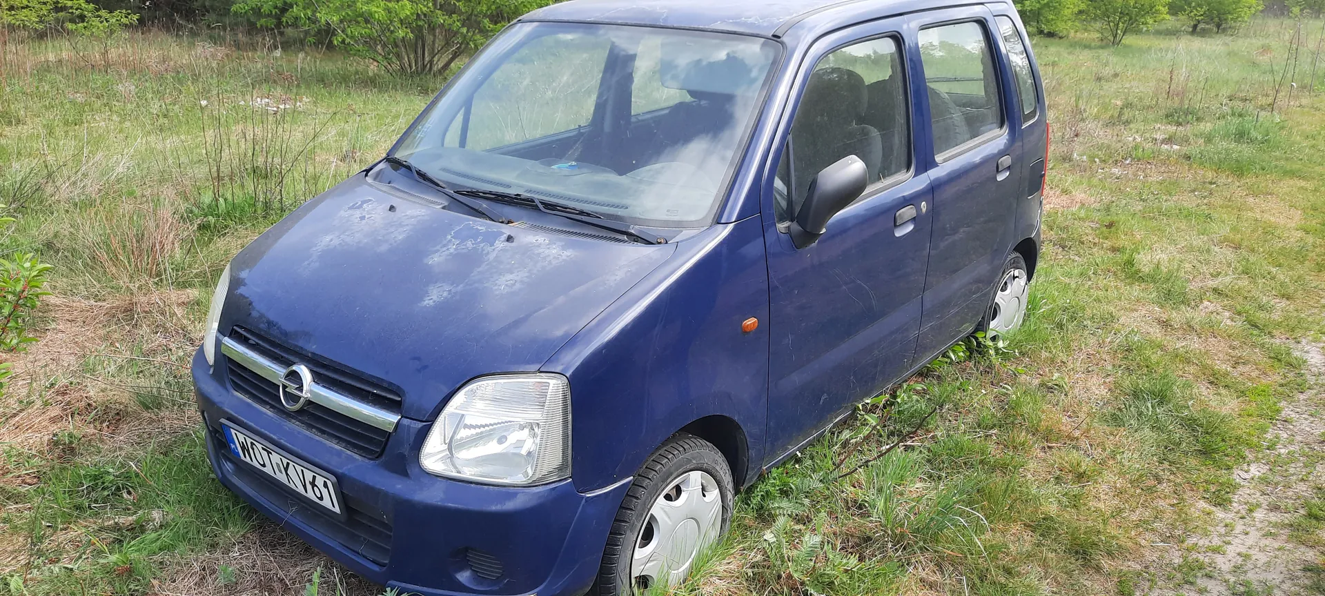 Niebieski samochód osobowy typu hatchback zaparkowany na trawie. Widoczna tablica rejestracyjna WOT KV61, przednie reflektory, chromowana listwa na masce oraz logo marki. Samochód ma zabrudzony nadwoziem, a w tle rosną trawy i krzewy. Wnętrze pojazdu jest częściowo widoczne przez szyby.