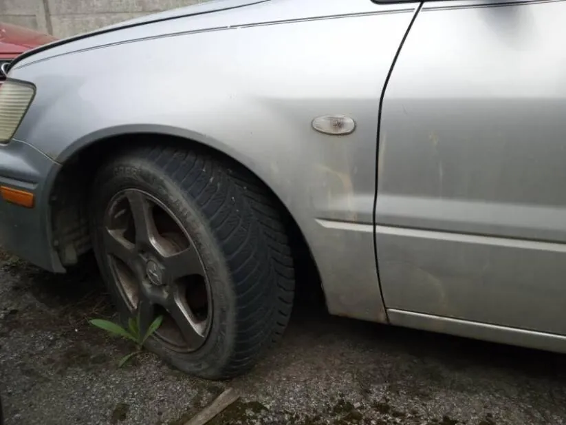 Fragment srebrnego samochodu widziany z boku, obejmujący przednie koło, błotnik i fragment pasa bocznego. Koło ma czarną oponę z widocznym wzorem i metalową felgą. Na błotniku znajduje się okrągły reflektor. Pod kołem rośnie mała zielona roślina na szarym, kamienistym podłożu. W tle częściowo widoczny czerwony samochód oraz betonowa ściana. Samochód pokryty jest plamami brudu i śladami korozji.