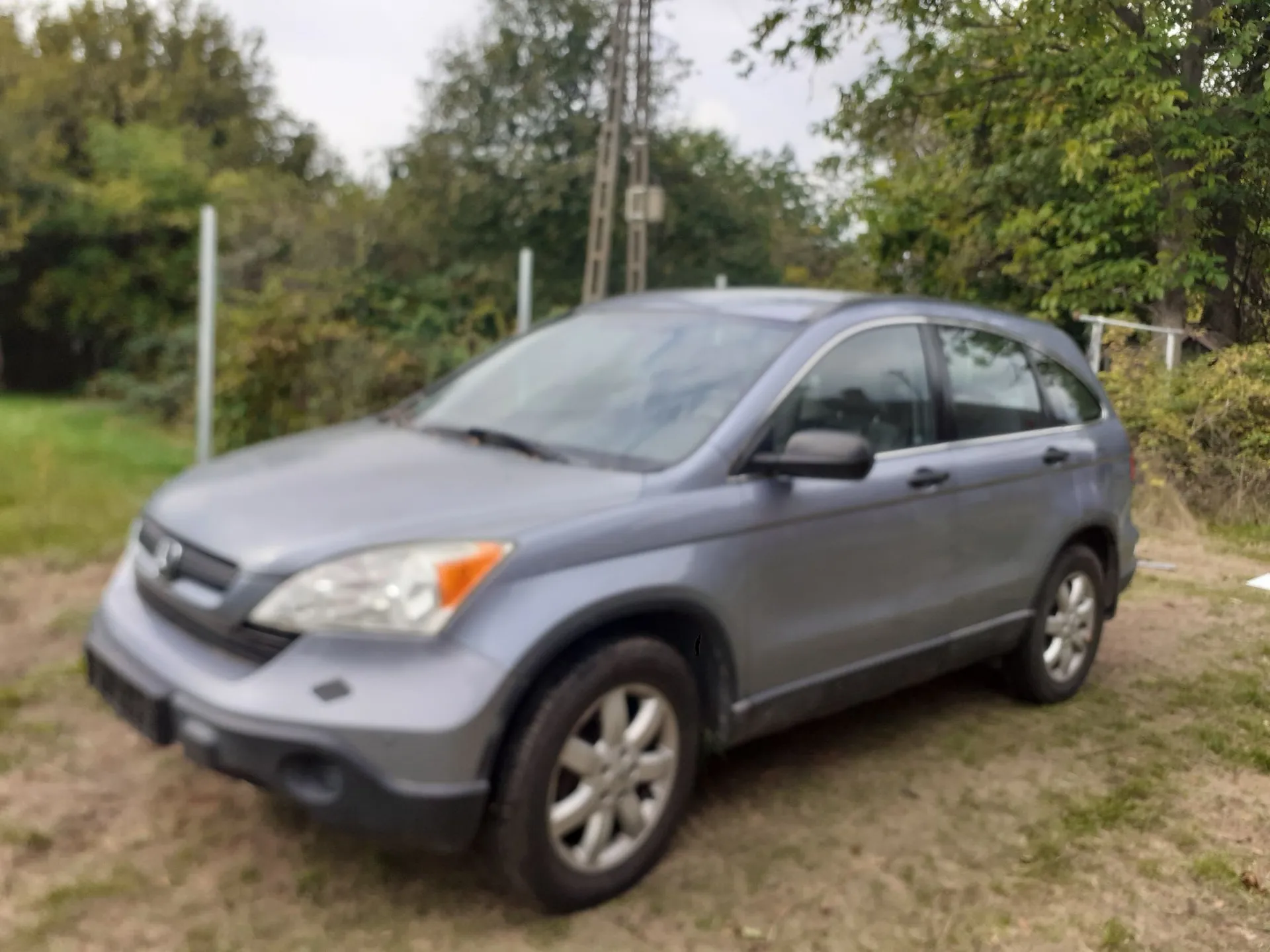 Srebrny samochód typu SUV zaparkowany na trawiastym terenie na tle zielonych drzew i krzewów. Pojazd jest ustawiony pod kątem, widoczny z przodu i z boku.
