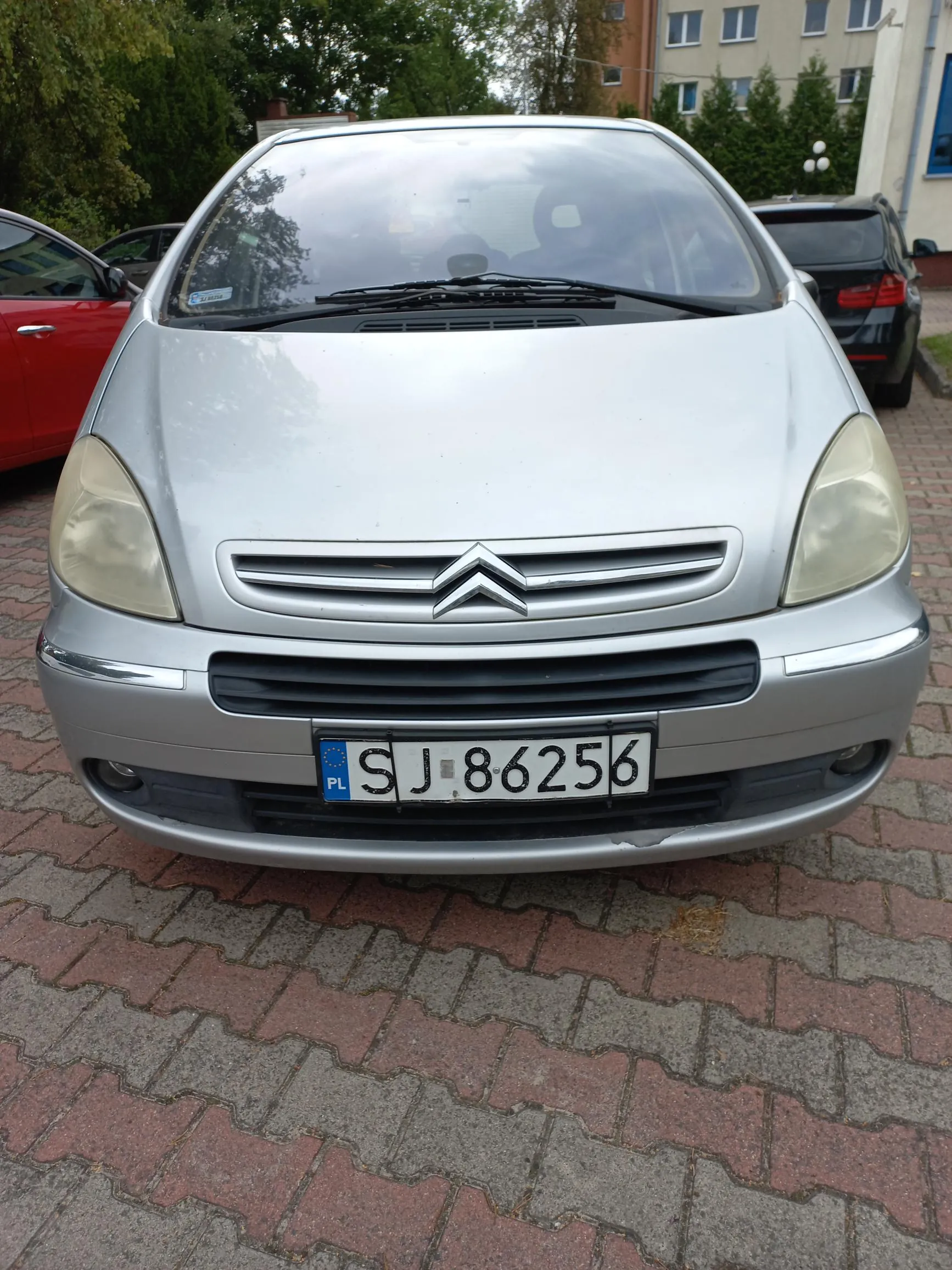 Srebrny samochód marki Citroën widziany od przodu, zaparkowany na kostce brukowej. Pojazd ma polską tablicę rejestracyjną o numerze SJ 86256. W tle widoczne są inne samochody oraz budynek i drzewa.