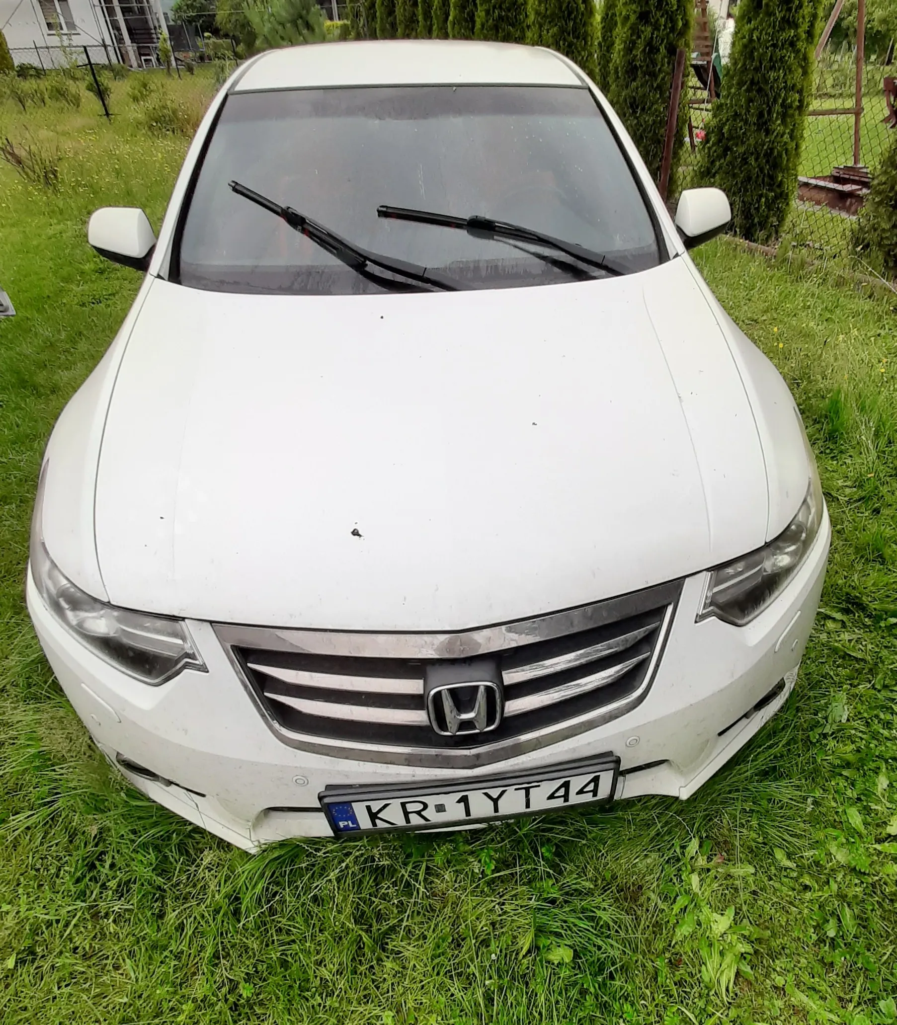 Widok z przodu białego samochodu marki Honda zaparkowanego na trawie. Samochód ma srebrny grill z logo Hondy oraz tablicę rejestracyjną o numerze KR 1YT44. W tle widoczne są zielone krzewy i fragmenty ogrodzenia.