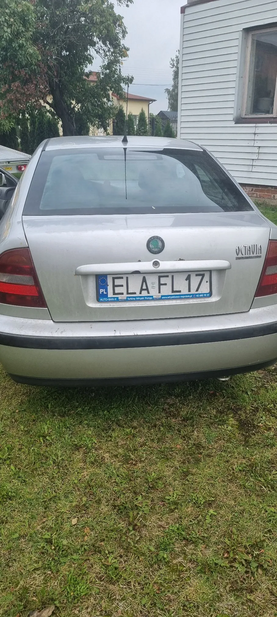 Tylny widok srebrnego samochodu marki Skoda Octavia zaparkowanego na trawie przed białym budynkiem. Samochód ma polską tablicę rejestracyjną o numerze ELA FL17. Poniżej tablicy znajduje się ramka z napisem 'AUTO-BAN-R', 'Szybki Wybór Prawdziwy' oraz adresem strony internetowej i numerem telefonu.