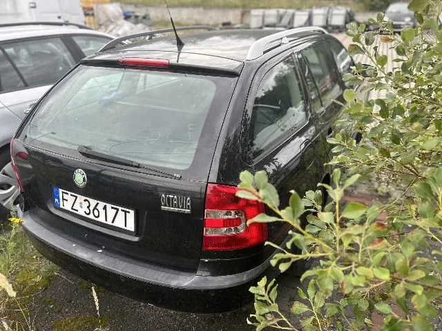 Tylny widok czarnego samochodu marki Skoda Octavia Combi zaparkowanego na zewnątrz. Samochód ma polską tablicę rejestracyjną o numerze FZ 3617T. Po prawej stronie kadru widoczne są zielone liście krzewu, które częściowo zasłaniają tył pojazdu.