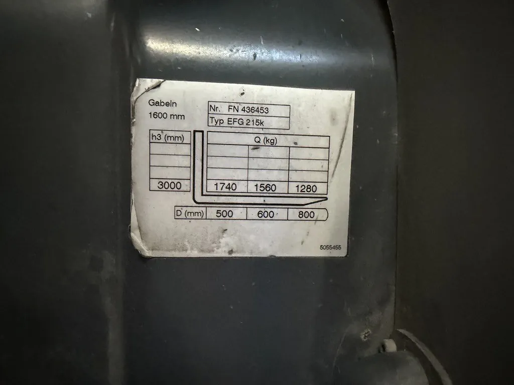 Zbliżenie na białą tabliczkę znamionową przytwierdzoną do ciemnoszarej, metalowej powierzchni urządzenia. Na tabliczce znajduje się tekst: 'Gabeln 1600 mm', 'Nr. FN 436453', 'Typ EFG 215k'. Poniżej widoczna jest tabela z nagłówkami 'h3 (mm)' oraz 'Q (kg)'. W wierszu dla wartości 3000 widnieją wartości 1740, 1560 i 1280. Na dole znajduje się wiersz 'D (mm)' z wartościami 500, 600 i 800. W prawym dolnym rogu tabliczki widnieje numer 5055455.