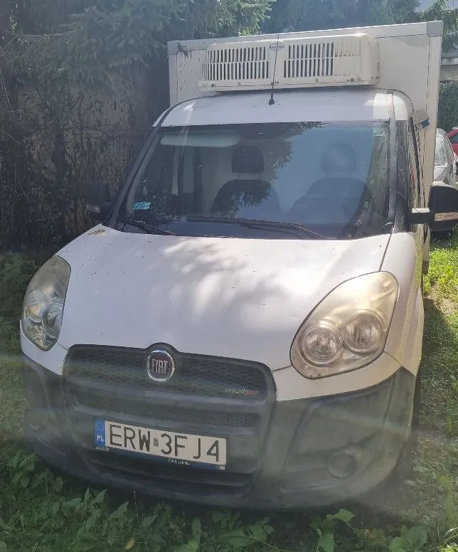 Widok z przodu białego samochodu dostawczego marki Fiat z zabudową chłodniczą na dachu. Pojazd posiada polską tablicę rejestracyjną o numerze ERW 3FJ4. Samochód stoi na trawiastym podłożu na tle zielonych krzewów i drzew.