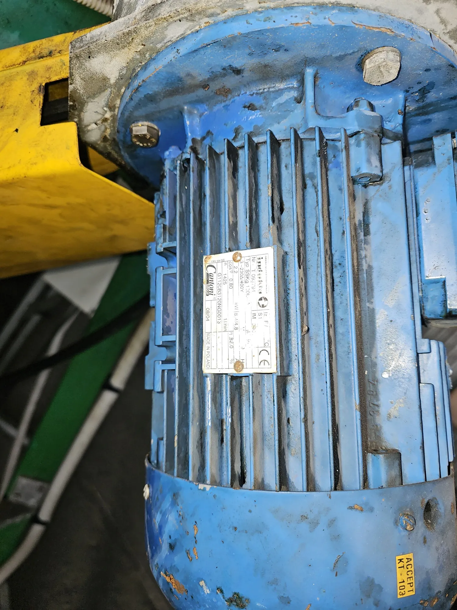 Zbliżenie na niebieski silnik elektryczny z żebrowanym chłodzeniem. Na obudowie znajduje się srebrna tabliczka znamionowa z tekstem: 'Canton', 'MADE IN POLAND', 'CE' oraz danymi technicznymi. W lewym górnym rogu widoczny jest fragment żółtej osłony.