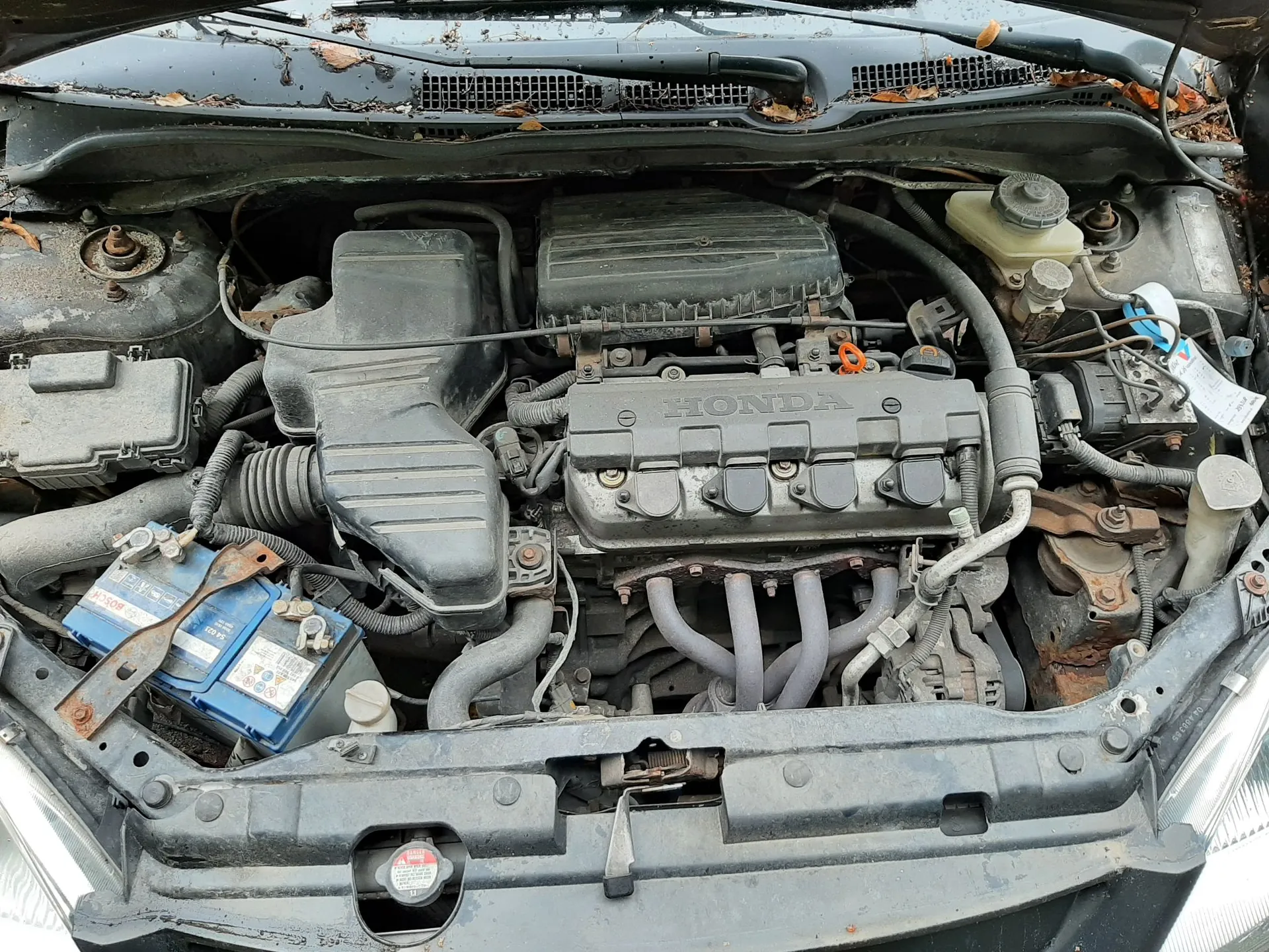 Widok z góry na komorę silnika samochodu marki Honda. Widoczny jest silnik z napisem HONDA na pokrywie zaworów, akumulator po lewej stronie, zbiornik płynu hamulcowego po prawej oraz różne przewody i elementy mechaniczne. Komora silnika jest zakurzona, a na krawędziach maski widoczne są suche liście.
