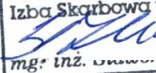 Ręcznie podpisany dokument z widocznym drukowanym tekstem 'Izba Skarbowo' na górze oraz fragmentem tekstu 'mg. inż. Dariusz' poniżej podpisu. Tekst jest czarny, podpis wykonany niebieskim atramentem.