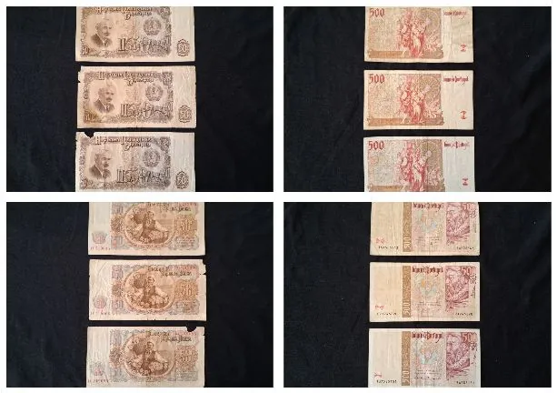 Kolaż czterech zdjęć przedstawiających różne banknoty ułożone w pionowe rzędy na czarnym tle. W lewym górnym kwadracie znajdują się trzy banknoty z portretem mężczyzny i ozdobnymi giloszami. W prawym górnym kwadracie trzy banknoty z czerwonymi elementami graficznymi i liczbą 500. W lewym dolnym kwadracie trzy banknoty z centralnym medalionem przedstawiającym postać. W prawym dolnym kwadracie trzy banknoty z czerwonymi wzorami i liczbą 500.