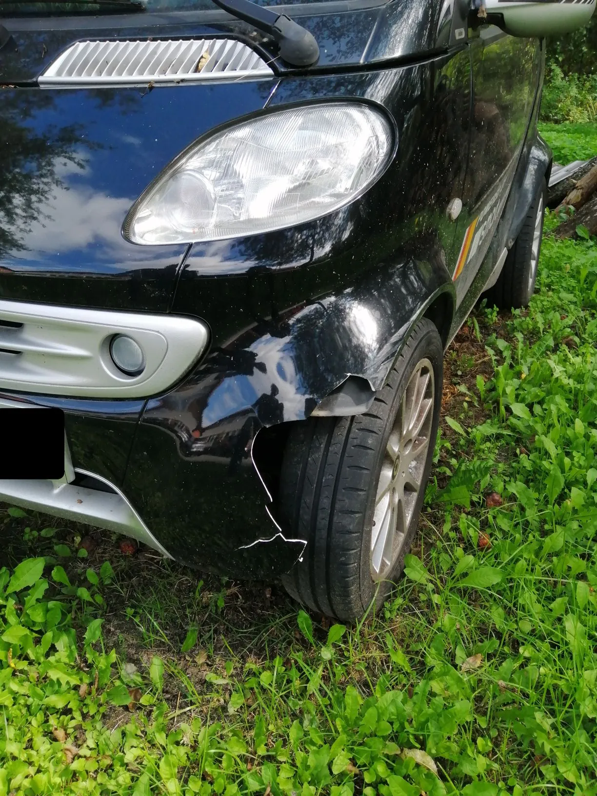 Zbliżenie na przedni lewy narożnik czarnego samochodu osobowego. Widoczne jest znaczne uszkodzenie zderzaka, który jest pęknięty i odkształcony w okolicy nadkola. Samochód stoi na trawie.