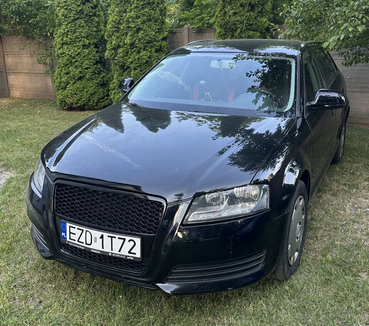 Czarny samochód osobowy marki Audi zaparkowany na trawniku przed drewnianym płotem i zielonymi żywopłotami. Widoczna jest przednia część pojazdu z tablicą rejestracyjną o numerze EZD 1T72.