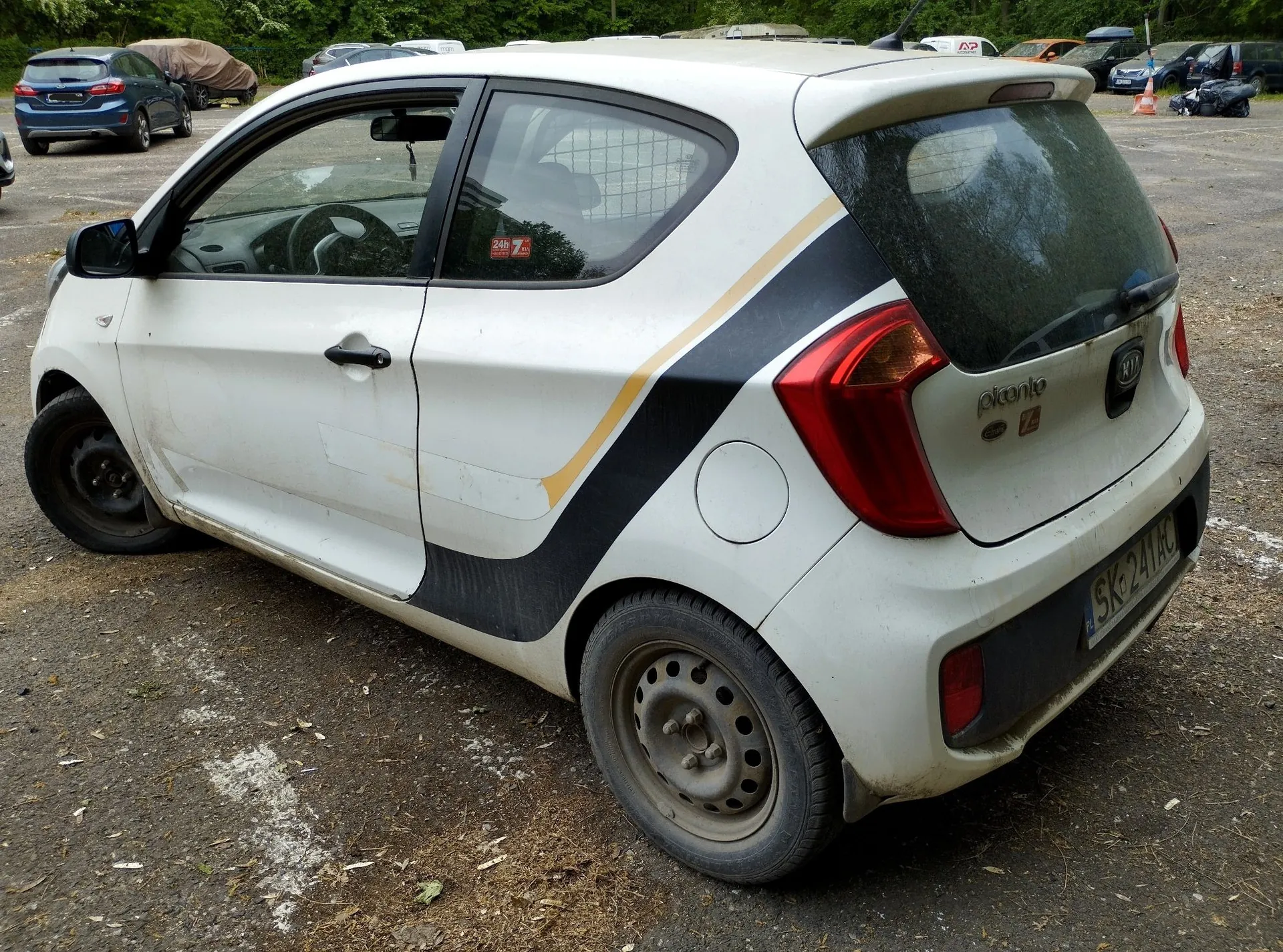 Biały samochód osobowy marki Kia Picanto zaparkowany na utwardzonym placu. Pojazd ma czarno-żółte pasy dekoracyjne na tylnej części boku. Widoczna jest tablica rejestracyjna o numerze SK 241HC. W tle znajdują się inne zaparkowane samochody oraz zieleń.