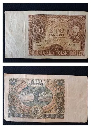 Dwie fotografie starego polskiego banknotu o nominale 100 złotych. Górne zdjęcie przedstawia awers banknotu z napisem '100 STO ZŁOTYCH', portretem mężczyzny w owalu po prawej stronie oraz napisem 'BANK POLSKI' na dole. Dolne zdjęcie przedstawia rewers banknotu z centralnym motywem drzewa wpisanego w okrąg, otoczonego dwiema postaciami alegorycznymi oraz napisem 'STO ZŁOTYCH' u góry.