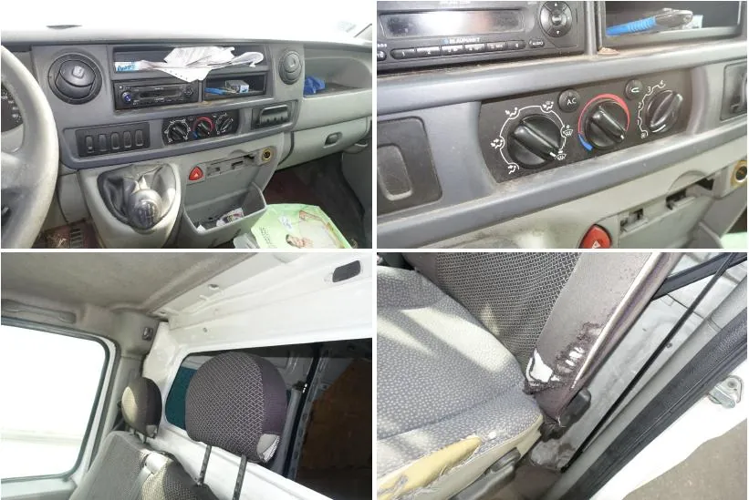 Kolaż czterech zdjęć wnętrza samochodu. Góra lewo: deska rozdzielcza z kierownicą, przyciskami, radio i przedmiotami (w tym zielonym opakowaniem). Góra prawo: zbliżenie na pokrętła klimatyzacji z widocznymi oznaczeniami 'AC' i 'MAX'. Dół lewo: wnętrze bagażnika z siedzeniami i poduszkami. Dół prawo: uszkodzone siedzenie z widocznym zużyciem materiału i metalowym elementem. Wnętrze w stanie zużytym, z widocznymi śladami zużycia.