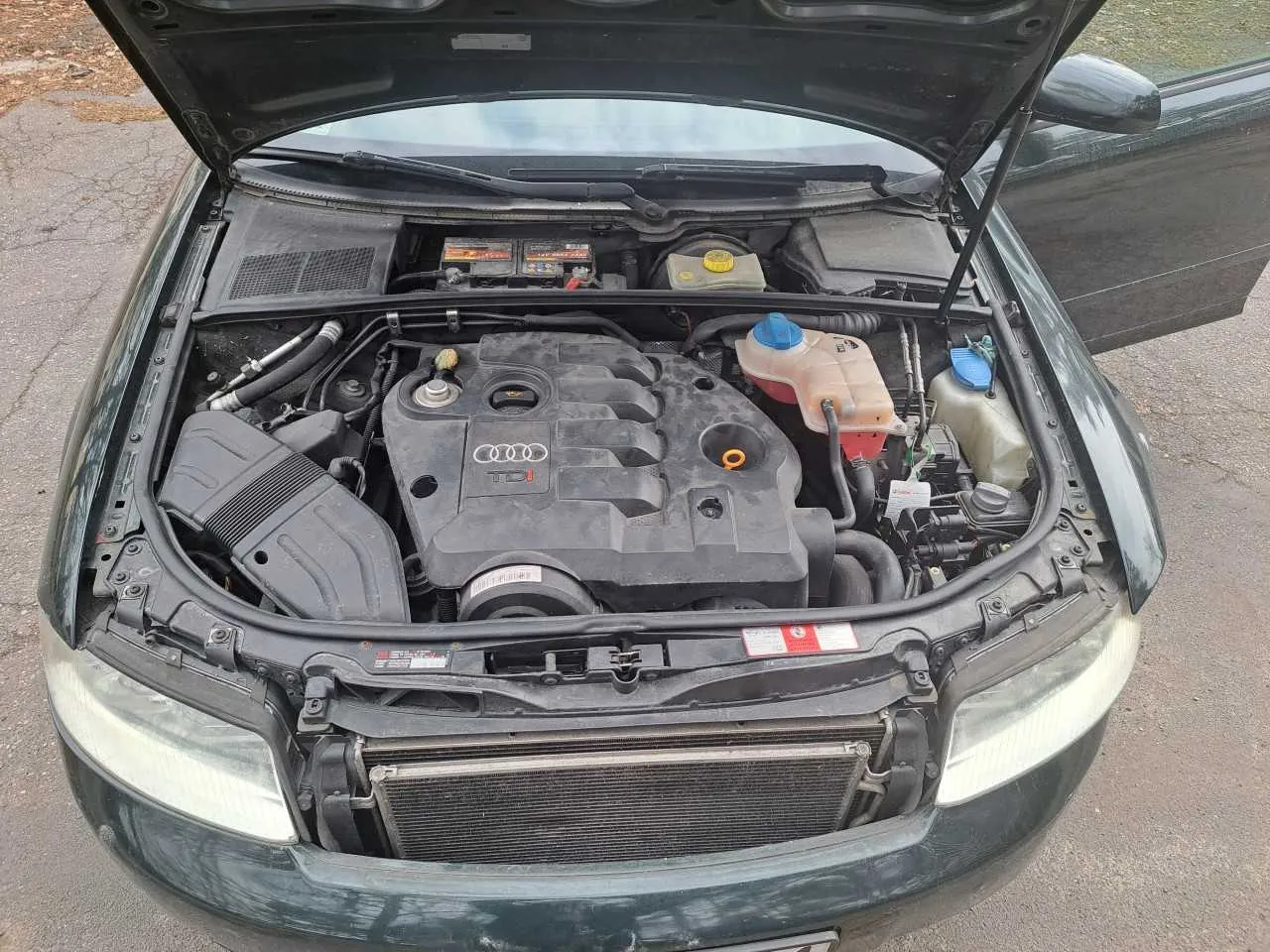 Samochód marki Audi z otwartą maską, ukazujący silnik z widocznym logo Audi i napisem TDI na pokrywie. W silniku widoczne są zbiorniki płynów z niebieskimi i żółtymi korkami, akumulator oraz inne elementy. Samochód stoi na asfaltowej powierzchni z rozsypanymi liśćmi w tle. Przednie reflektory i chłodnica są widoczne.