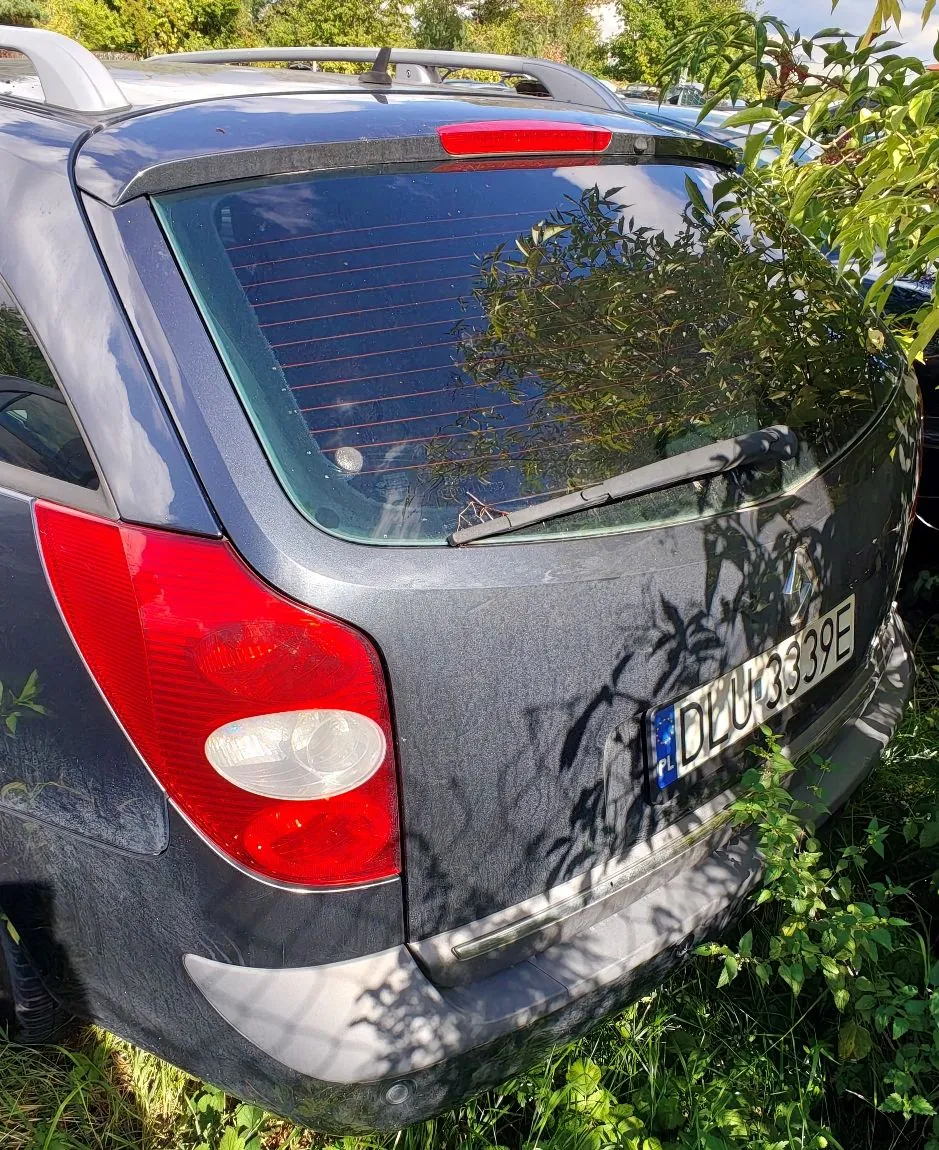 Tylna część szarego samochodu typu kombi zaparkowanego wśród zieleni. Widoczna jest tylna szyba z wycieraczką, czerwone światło tylne po lewej stronie oraz tablica rejestracyjna o numerze BDL 3339E. Samochód posiada srebrne relingi dachowe.