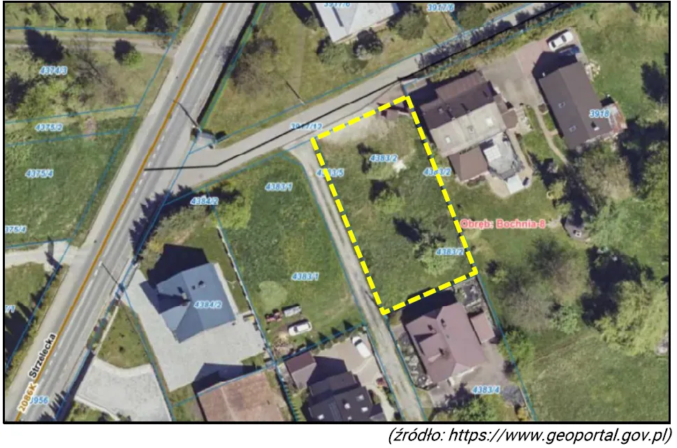 Zdjęcie satelitarne przedstawiające fragment terenu z zaznaczonym żółtym przerywanym prostokątem obszarem oznaczonym jako 'Obręb: Bochnia 8'. Widoczne są budynki mieszkalne, droga z oznaczeniem '208K Strzelecka' oraz liczby identyfikacyjne działek (np. 4383/1, 4383/2, 4383/4). W dolnej części obrazu znajduje się napis źródłowy: '(źródło: https://www.geoportal.gov.pl)'. Tło stanowią zielone obszary trawiaste i drzewa.