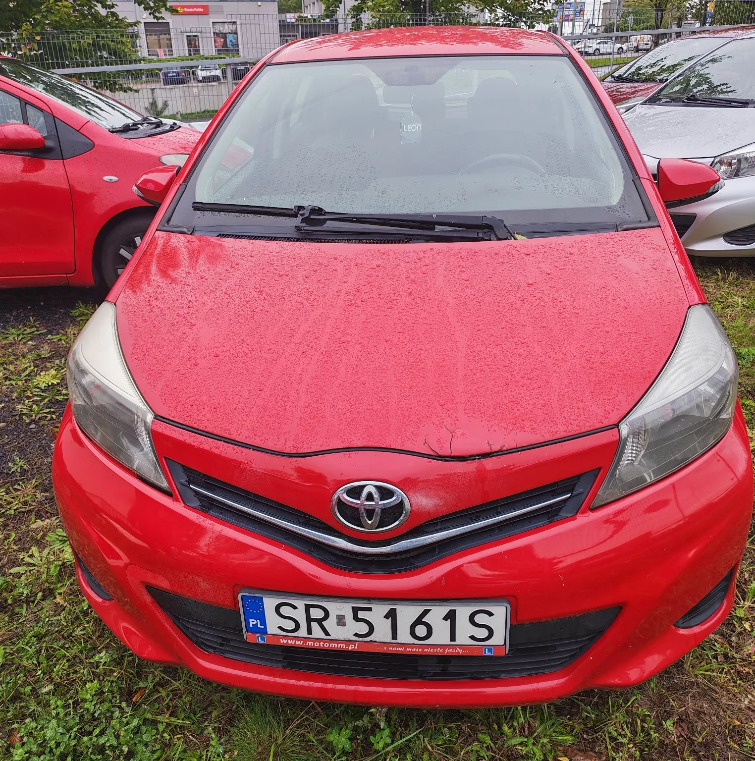 Czerwony samochód marki Toyota zaparkowany na trawiastym podłożu. Widok z przodu. Na masce i karoserii widoczne są krople deszczu. Samochód posiada polską tablicę rejestracyjną o numerze SR 5161S. Poniżej numeru rejestracyjnego znajduje się ramka z napisem 'www.motomm.pl'. Po lewej i prawej stronie widoczne są fragmenty innych samochodów: czerwonego po lewej i białego po prawej. W tle widać ogrodzenie i budynek.