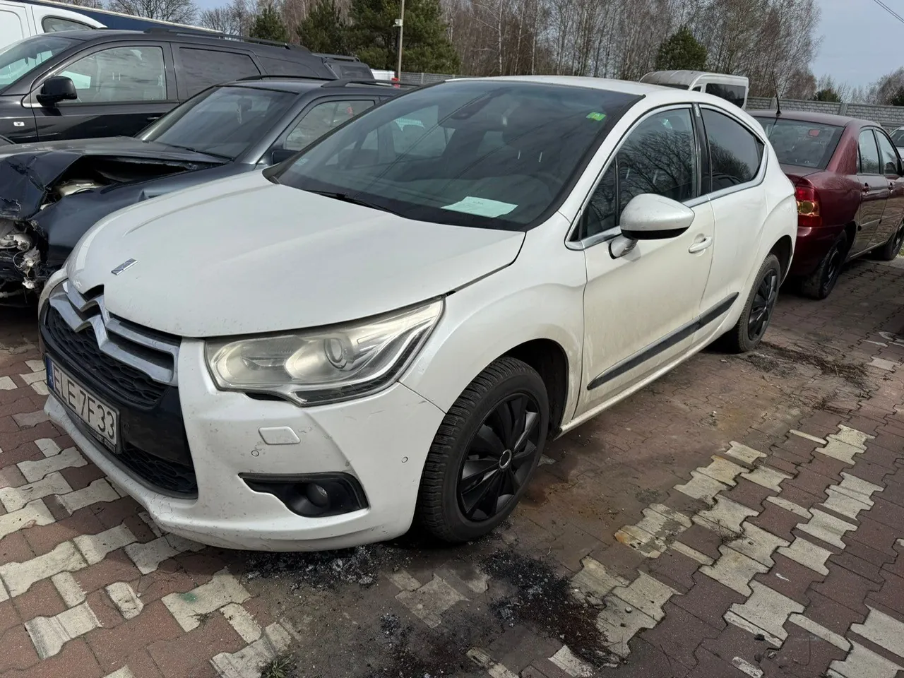 Biały samochód marki Citroën z tablicą rejestracyjną E7F 33 zaparkowany na brukowanej powierzchni. W tle widoczne są inne pojazdy, w tym uszkodzony czarny samochód z zniszczonym przodem oraz czerwony samochód. Na przedniej szybie białego Citroëna znajduje się zielony naklejony znaczek. Tło stanowią drzewa i ogrodzenie. Na nawierzchni widoczne są plamy oleju.