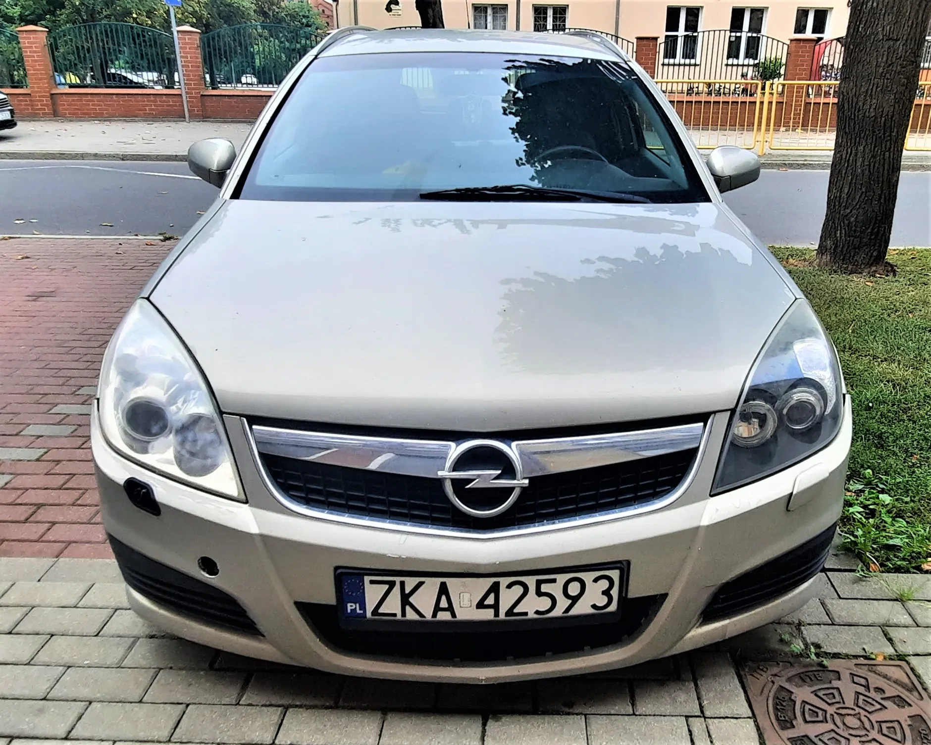 Srebrny samochód marki Opel zaparkowany przodem do obiektywu na kostce brukowej. Widoczna jest przednia część pojazdu z logo producenta na grillu oraz tablica rejestracyjna o numerze ZKA 42593. W tle znajduje się ulica, zielony płot oraz drzewo po prawej stronie.