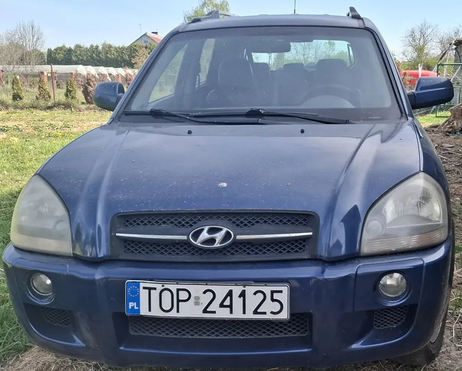 Przedni widok niebieskiego samochodu marki Hyundai z tablicą rejestracyjną PL TOP 24125. Samochód stoi na trawie, w tle widoczne są drzewa, dom i ogrodzenie. Na masce znajduje się logo Hyundai, a tablica rejestracyjna ma biały tło z czarnym napisem oraz niebieską sekcję z literami PL i symbolem Unii Europejskiej.