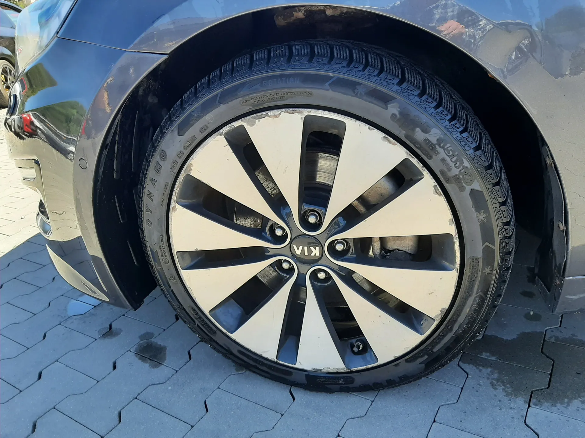 Zbliżenie na przednie koło ciemnoszarego samochodu marki Kia. Widoczna felga z srebrno-czarnym wzorem i logo KIA w centrum. Opona z napisem DYNAMO oraz dodatkowymi oznaczeniami technicznymi. Samochód zaparkowany na brukowanej powierzchni z szarych płyt. W tle fragment przedniej części pojazdu i odbicie otoczenia na karoserii.