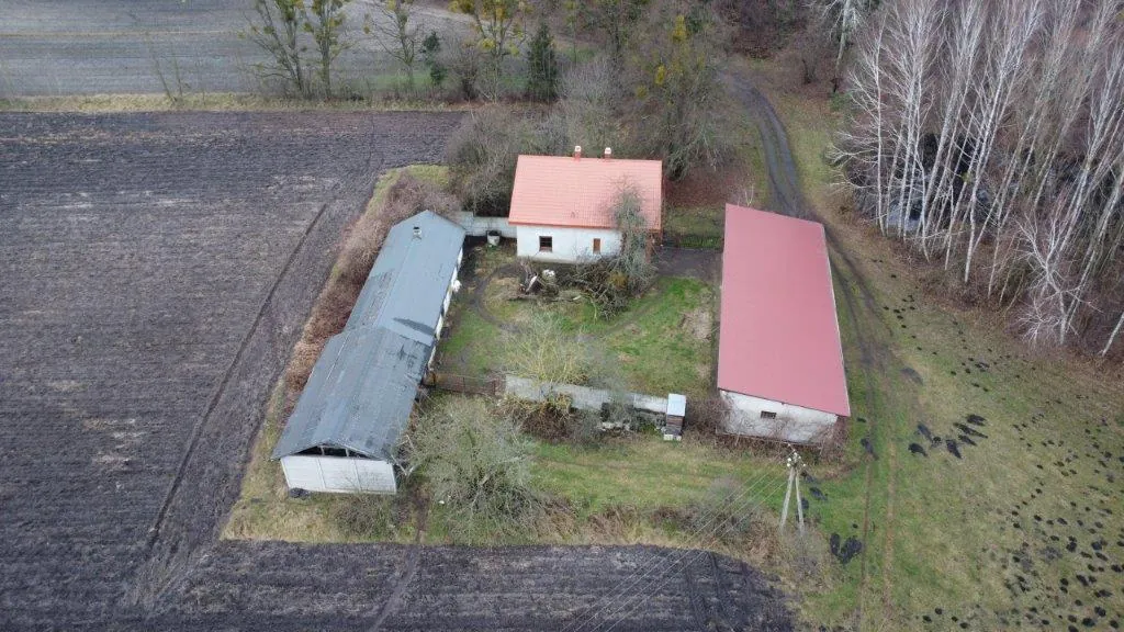 Widok z lotu ptaka na gospodarstwo wiejskie. W centrum znajduje się mały biały dom z pomarańczowym dachem, obok niego długa, wąska budynek gospodarczy z szarym dachem oraz osobny, prostokątny budynek z czerwonym dachem. Wokół budynków rozciąga się trawnik, a w tle widoczne są pola uprawne oraz pas drzew bez liści. Po prawej stronie prowadzi nieutwardzona droga.