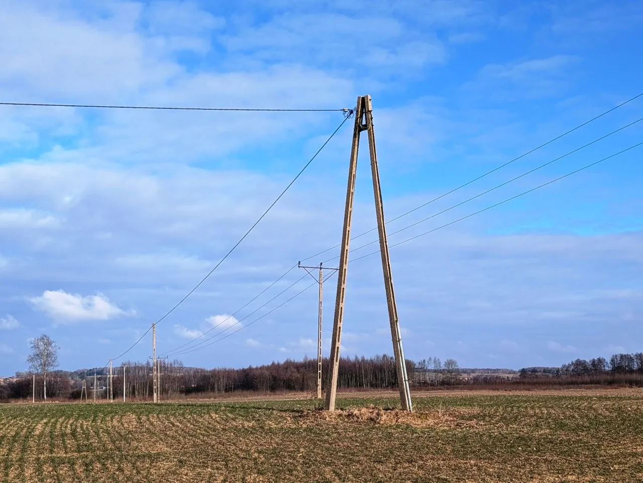 Zdjęcie przedstawiające wiejski krajobraz z betonowym słupem energetycznym w kształcie litery A, z którego odchodzą linie wysokiego napięcia w obu kierunkach. W tle widoczny jest kolejny, pojedynczy słup energetyczny, linia drzew oraz płaskie, rolnicze pole z młodymi roślinami. Niebo jest jasnoniebieskie z rozproszonymi białymi chmurami.