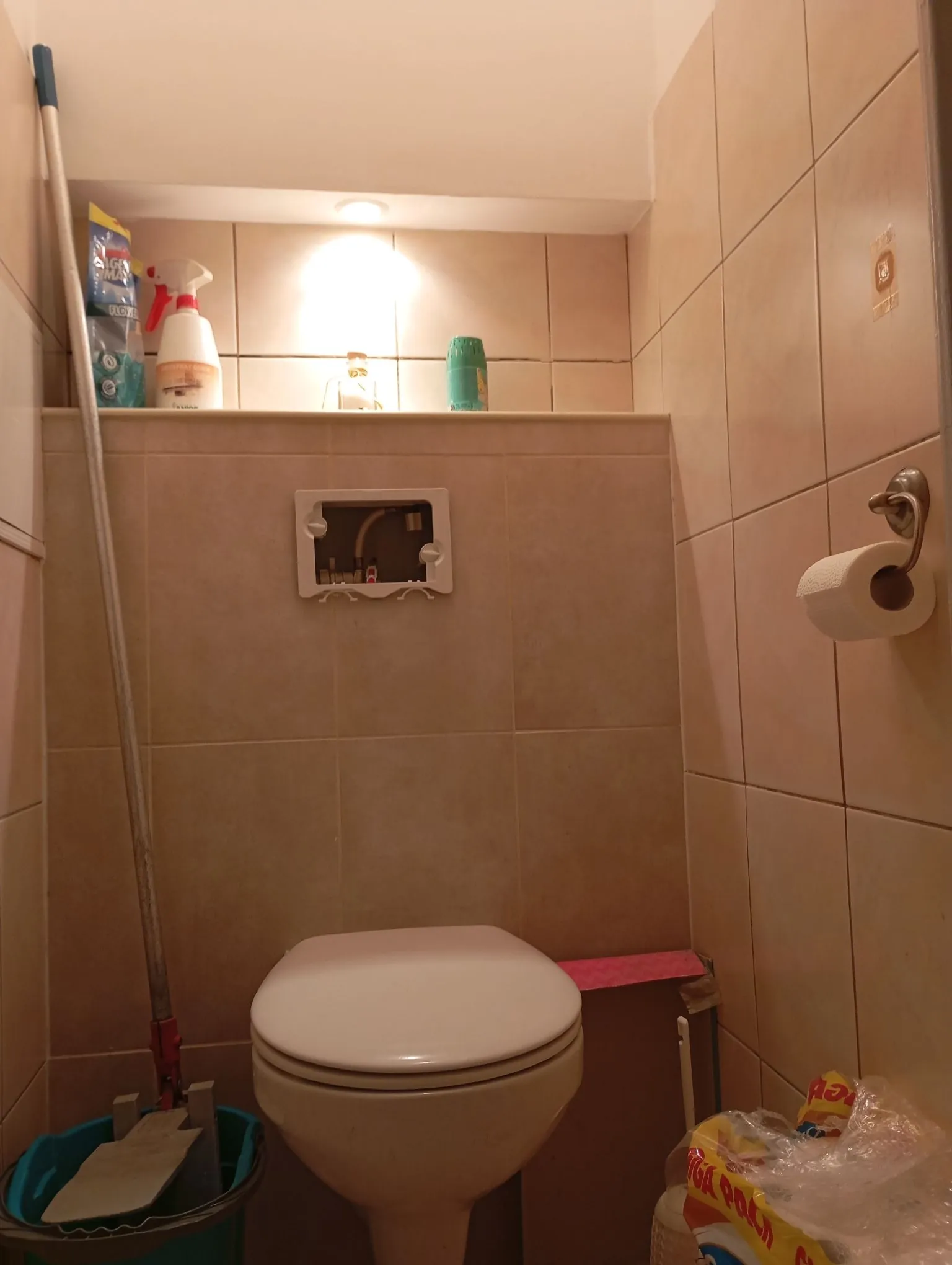 Zdjęcie wnętrza małej łazienki z beżowymi kafelkami na ścianach. W centrum znajduje się biała toaleta. Nad nią, na półce, stoją produkty czyszczące: niebieska paczka, biała butelka z czerwonym rozpylaczem oraz zielony pojemnik. Poniżej półki w ścianie zamontowany jest biały panel techniczny. Po prawej stronie znajduje się uchwyt z rolką białego papieru toaletowego. Po lewej stronie oparty o ścianę stoi mop z długim srebrnym trzonkiem, a u jego podstawy znajduje się niebieski kubeł. W prawym dolnym rogu widoczne są plastikowe torby z produktami.